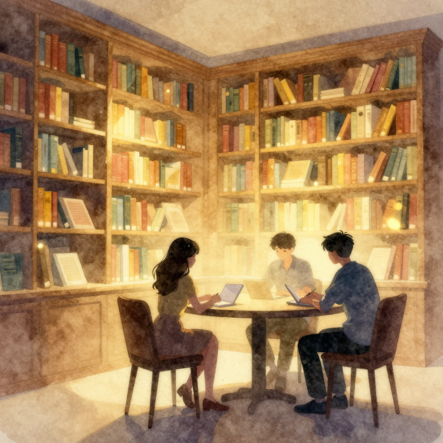 Watercolor style painting of glowing bookshelves in a cozy l...