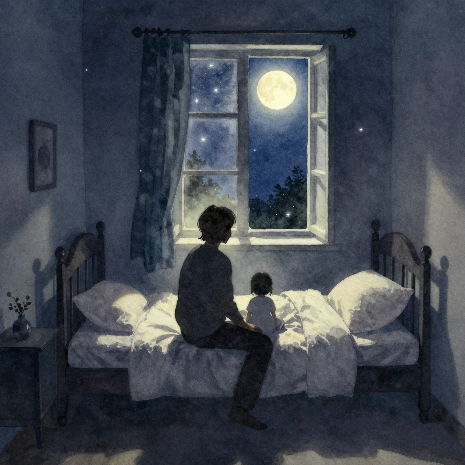 A watercolor painting depicting a cozy, dark room at night. ...