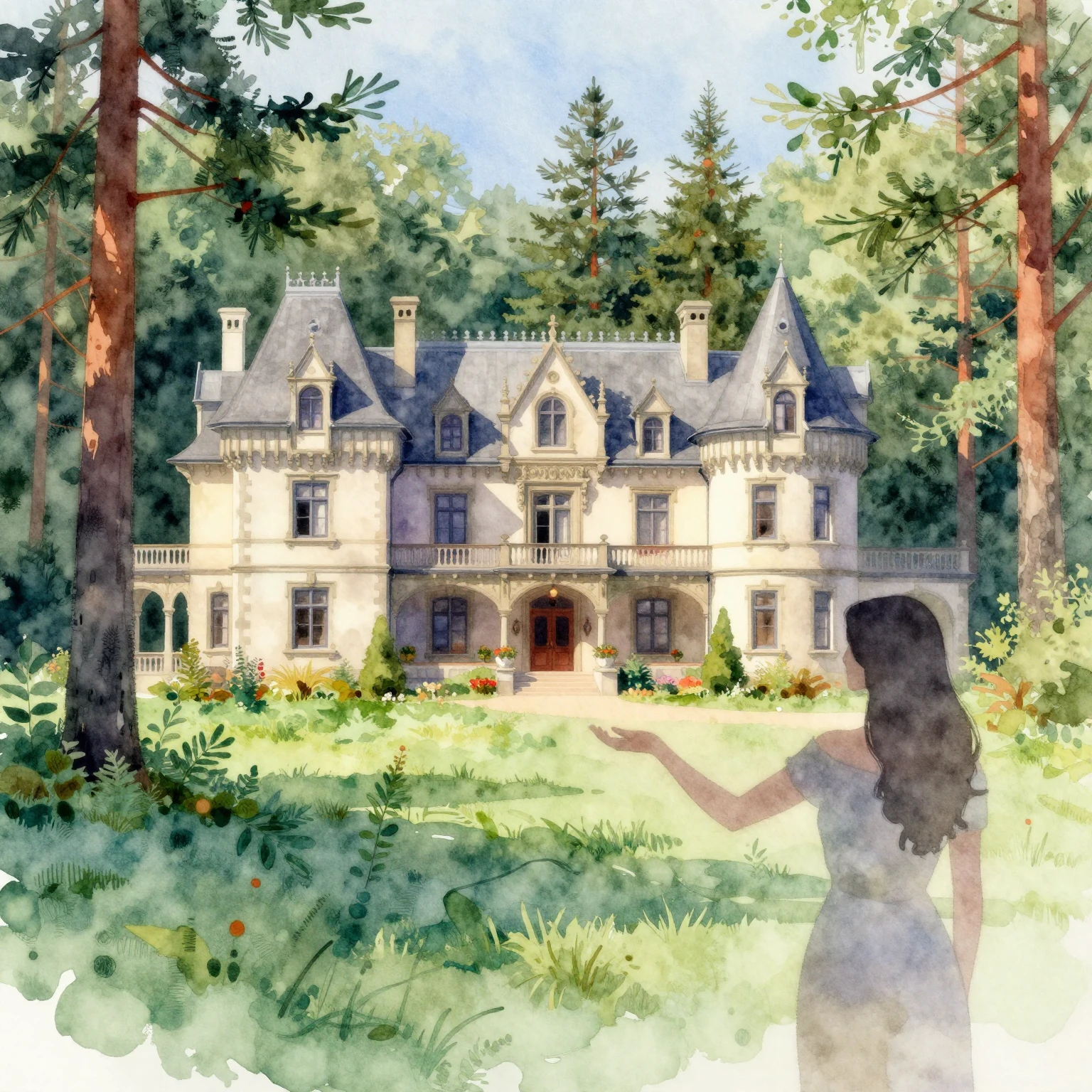 Vibrant watercolor style. A majestic, ancient manor house ne...