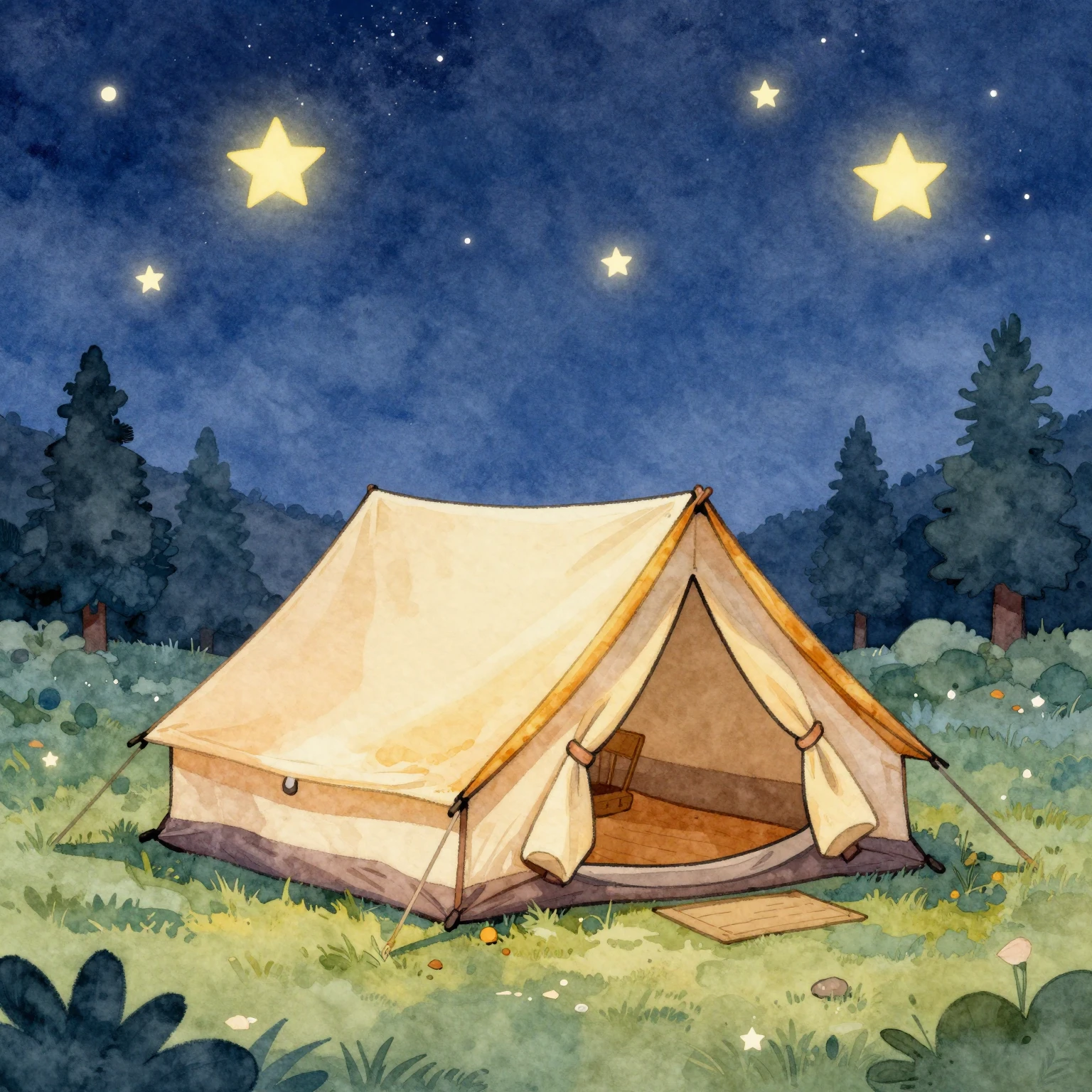 Watercolor style. A camping tent under the stars, vibrant co...