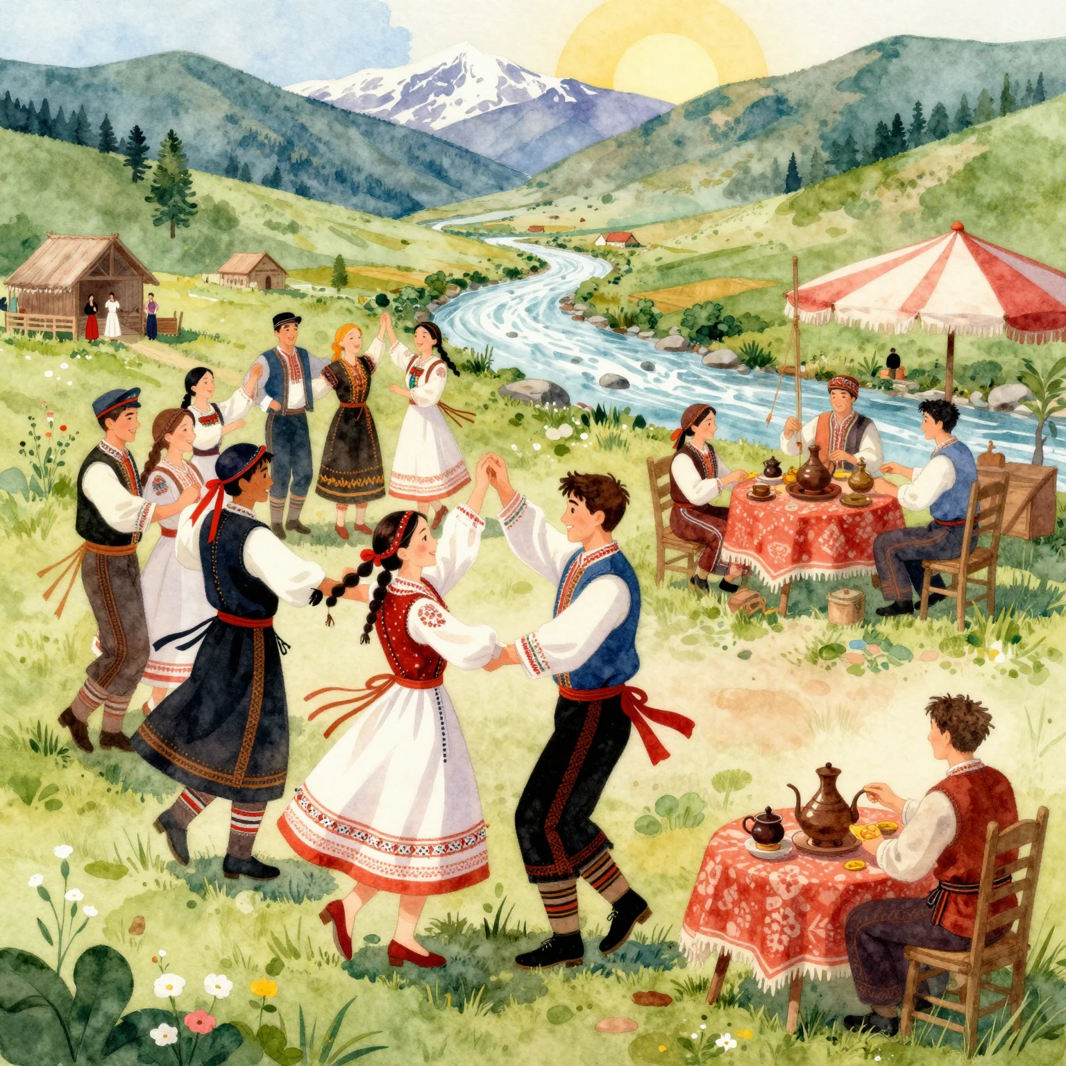 Vibrant watercolor painting of a joyful folk dance celebrati...