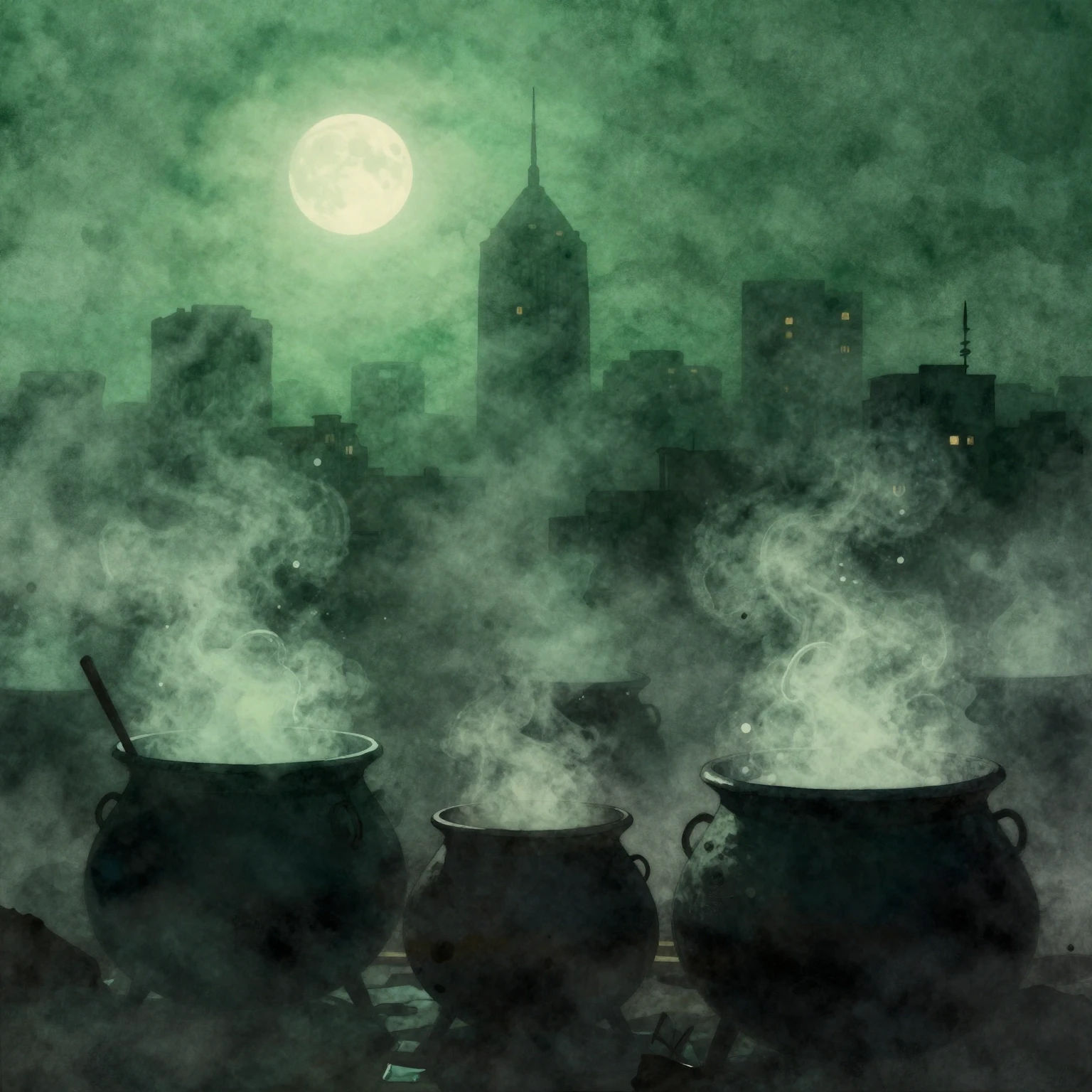 A dark city silhouette under a thick, toxic green fog, with ...