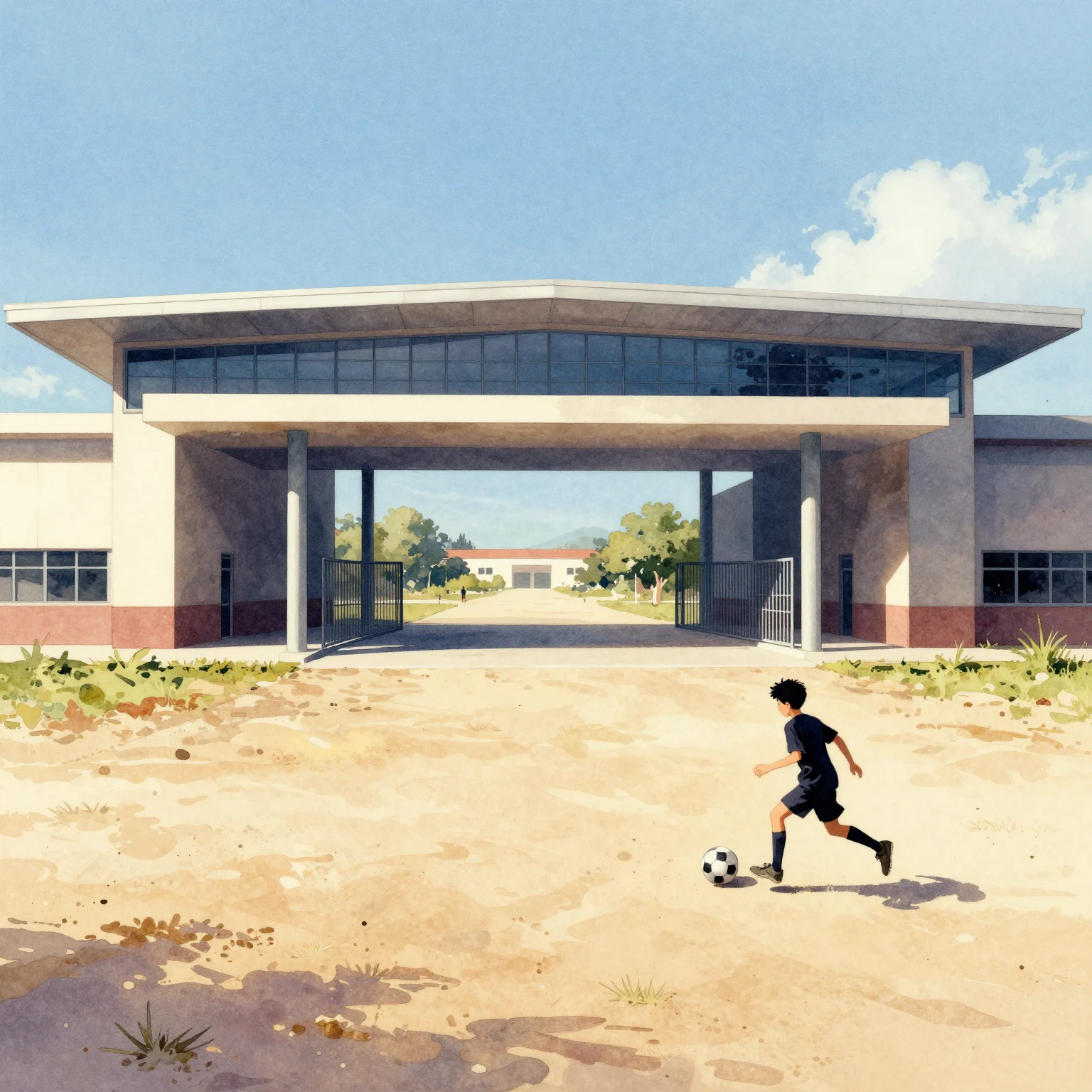 A grand, modern football academy building with open gates, s...