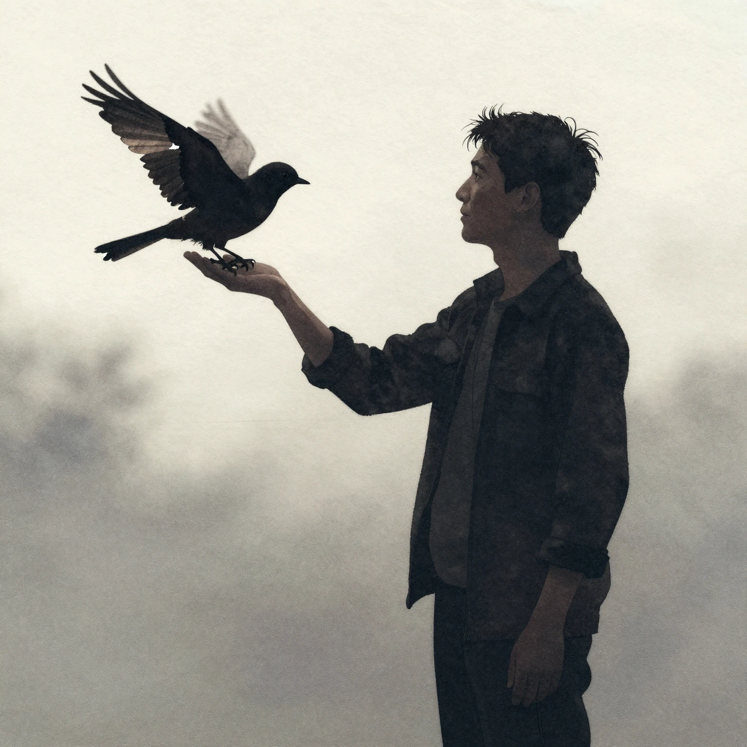 A silhouette of a man stands, looking up at a small bird wit...