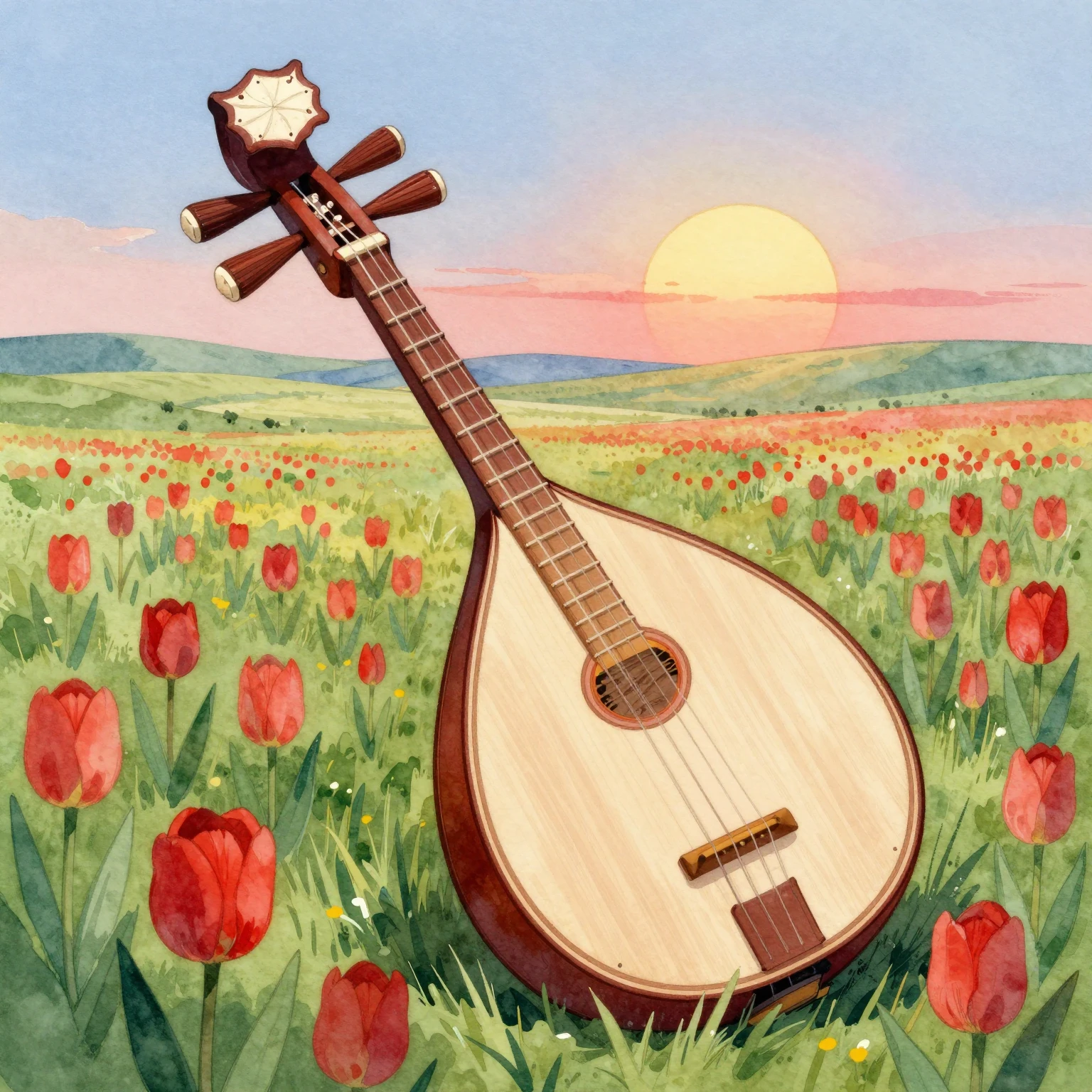 A traditional dombra instrument, depicted artistically withi...