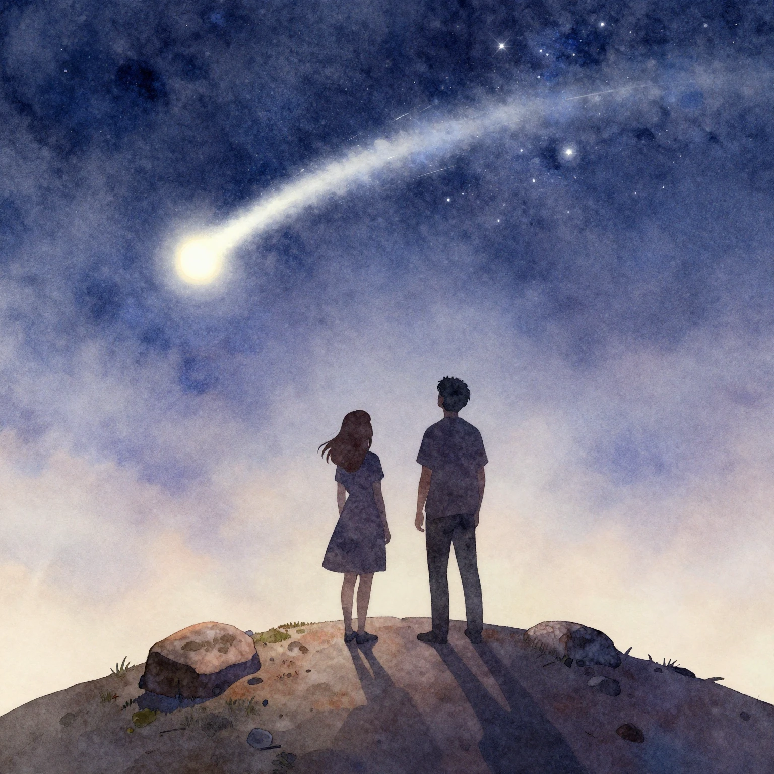Watercolor style. A silhouette of two friends standing on a ...
