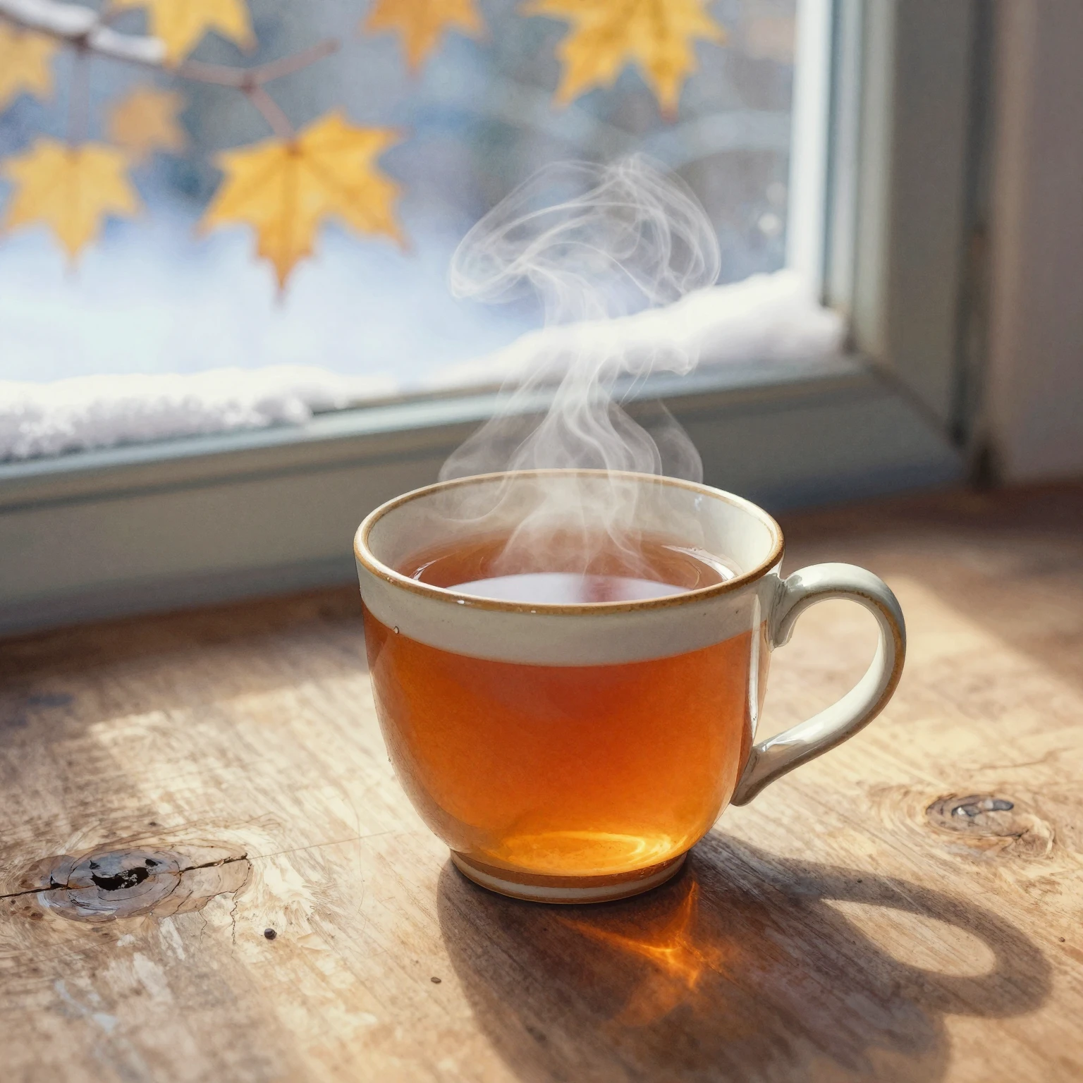 A ceramic mug of steaming tea on a rustic wooden table, with...