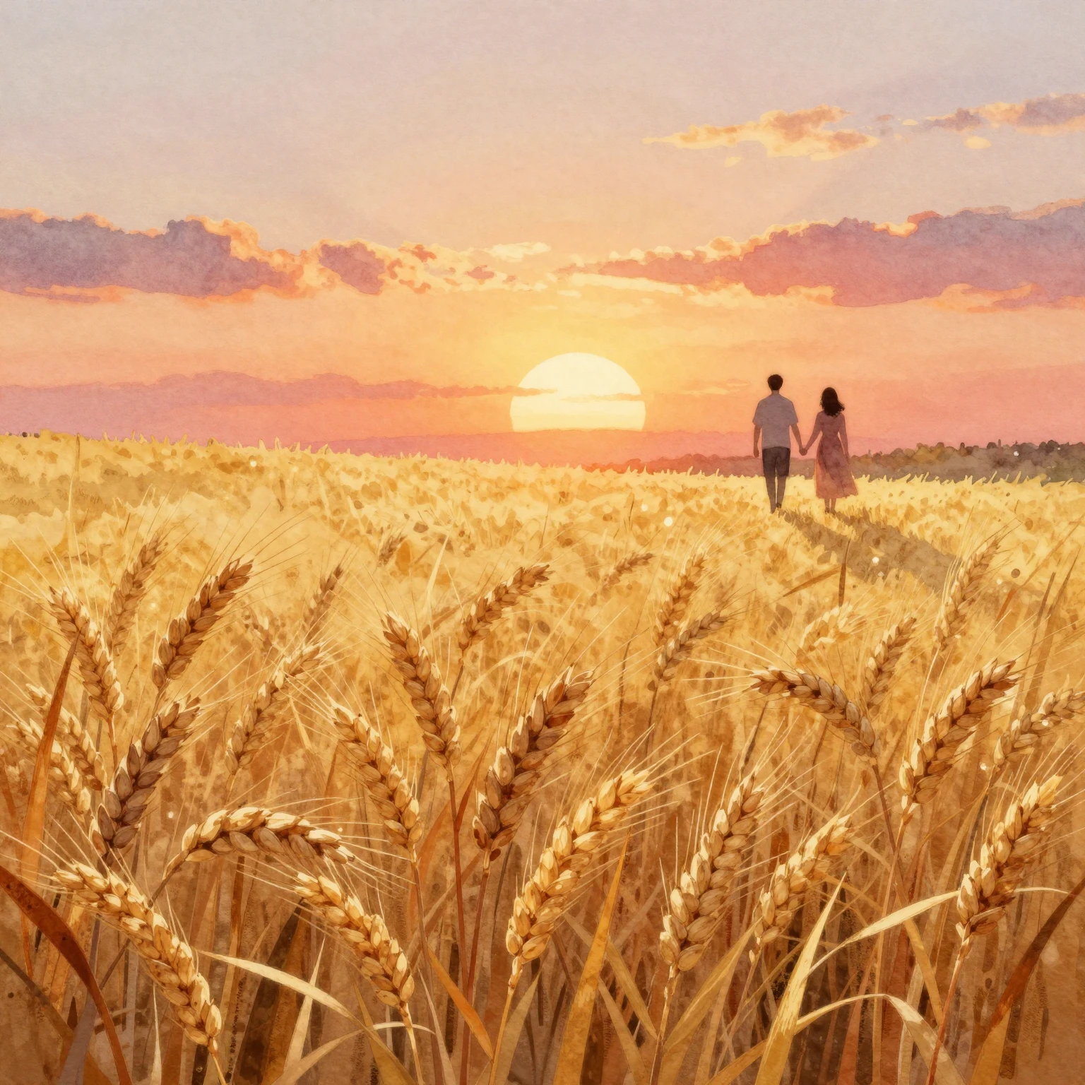 Vibrant watercolor style. Golden rye field at sunset, a subt...