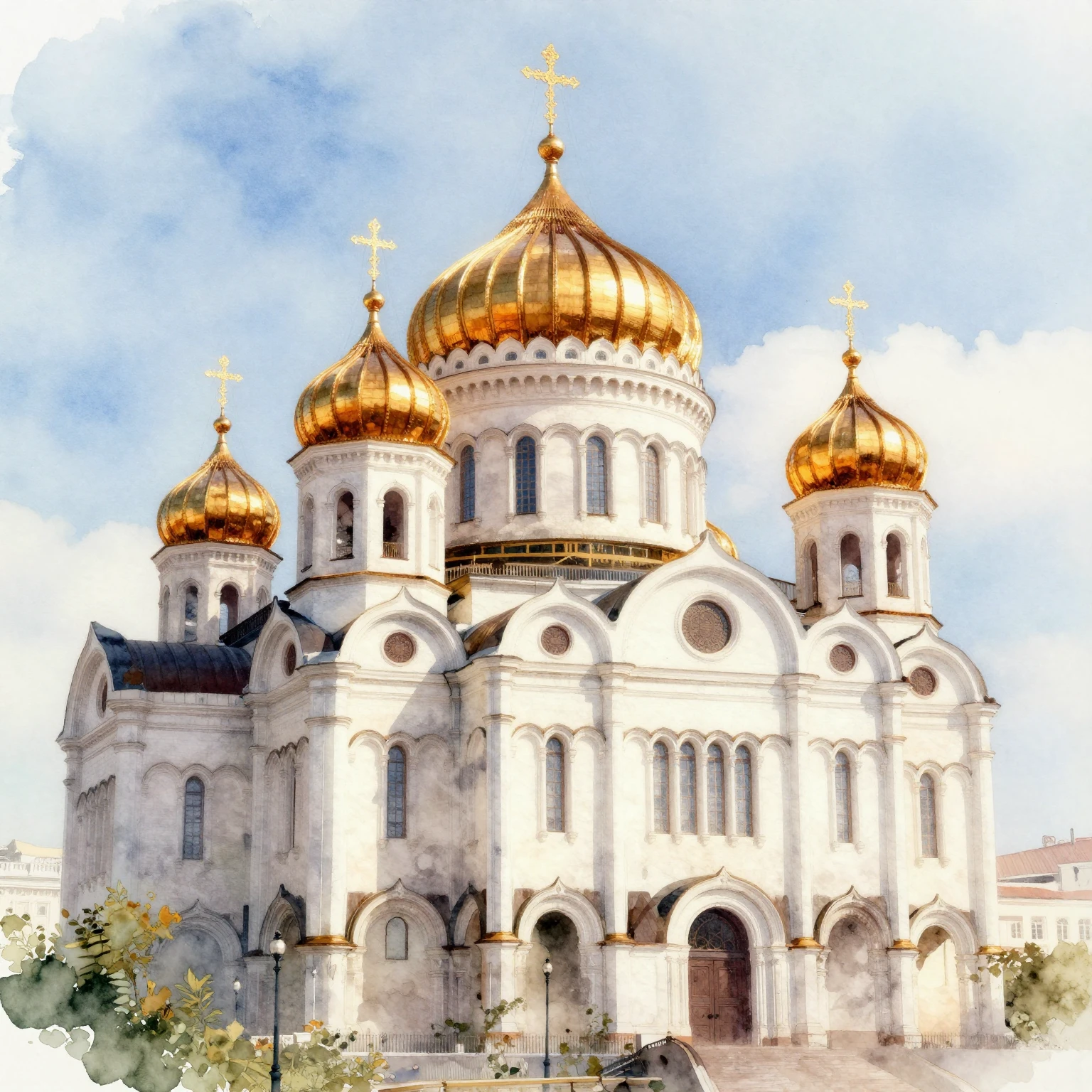 Watercolor style. Majestic cathedral with golden domes in th...