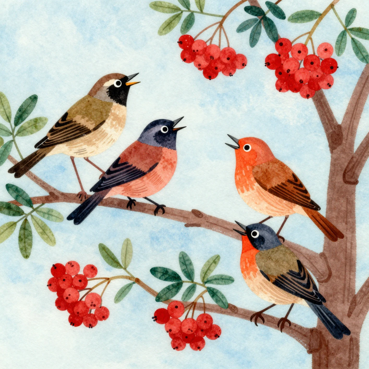 Vibrant watercolor folk art illustration of thrushes singing...