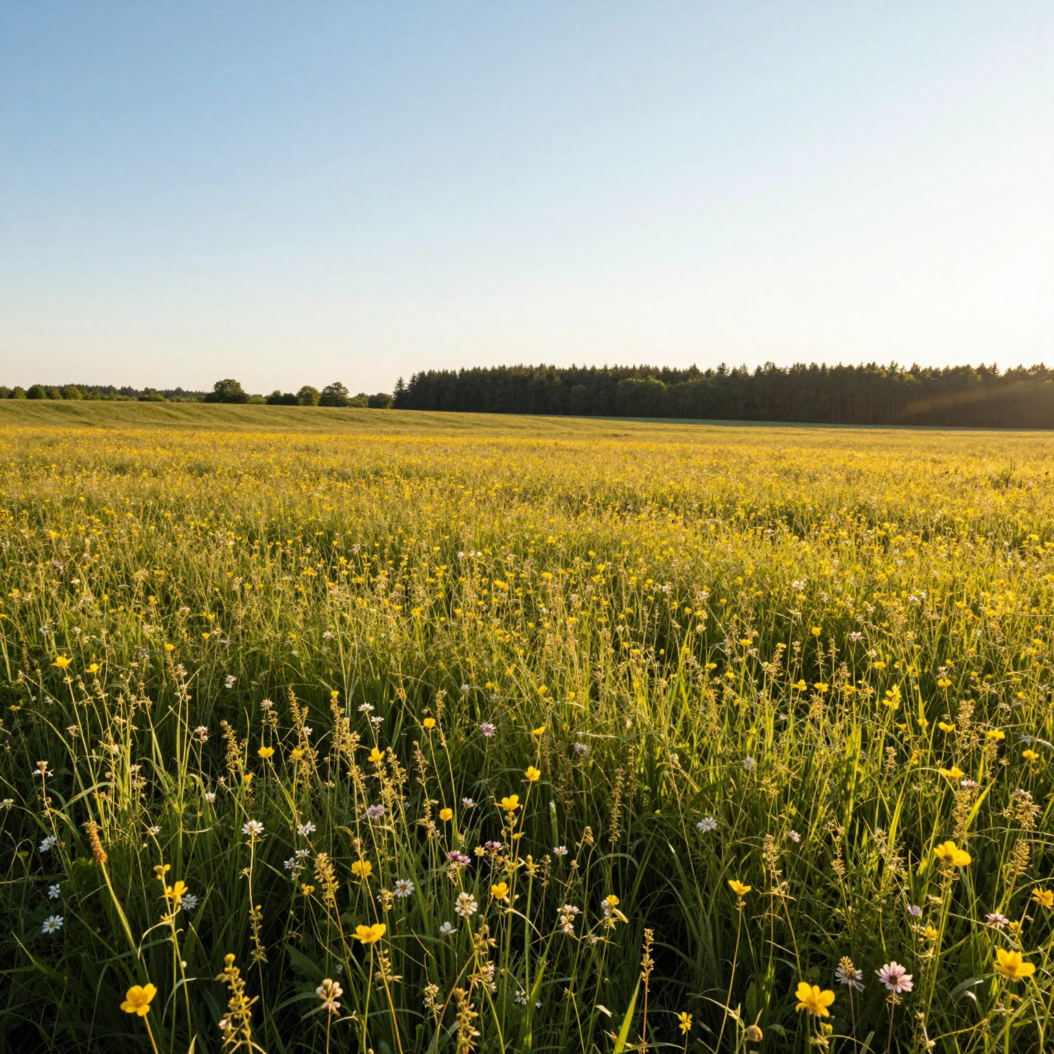 A bright, sun-drenched landscape with golden hour light, sho...