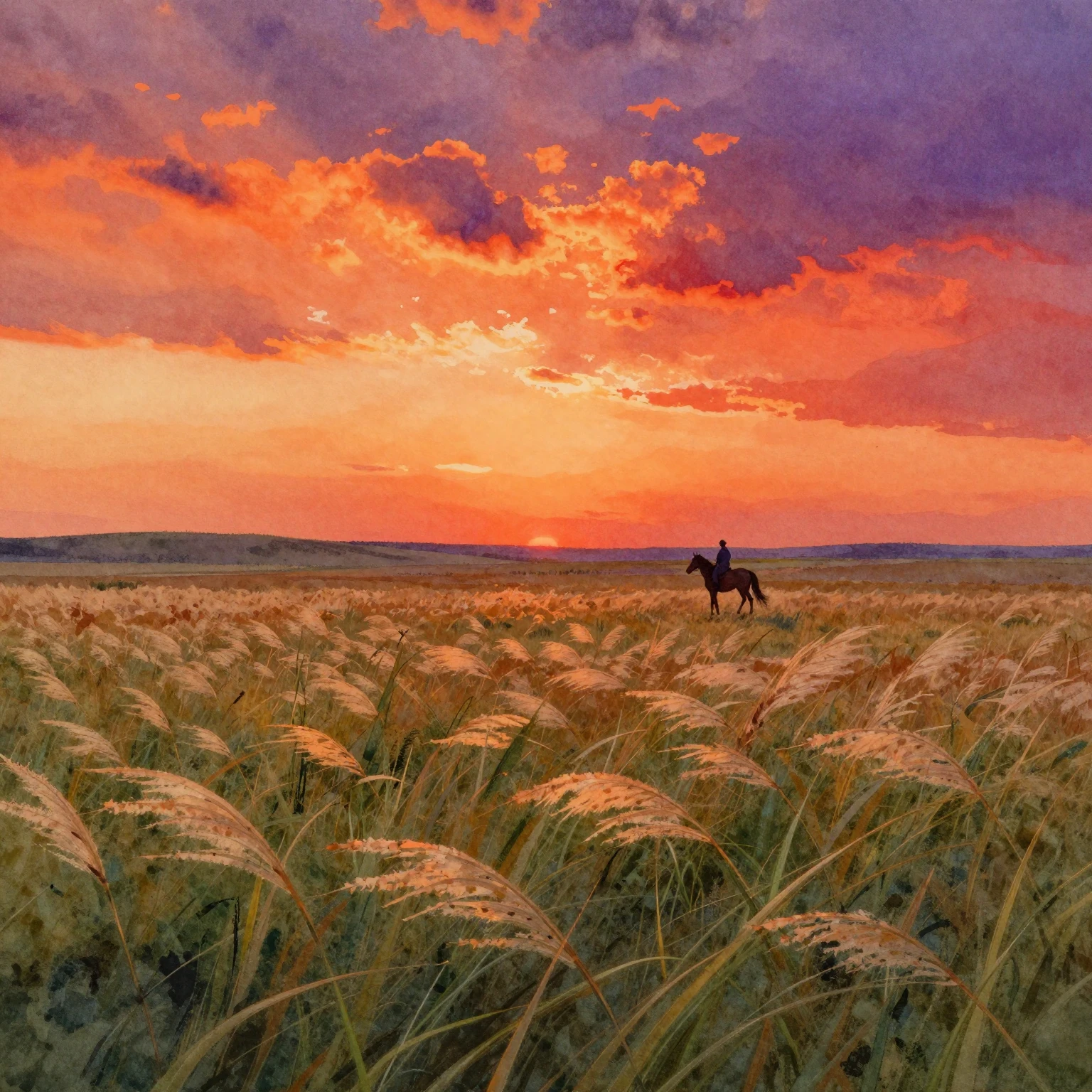 Vibrant watercolor painting of a vast steppe landscape at su...
