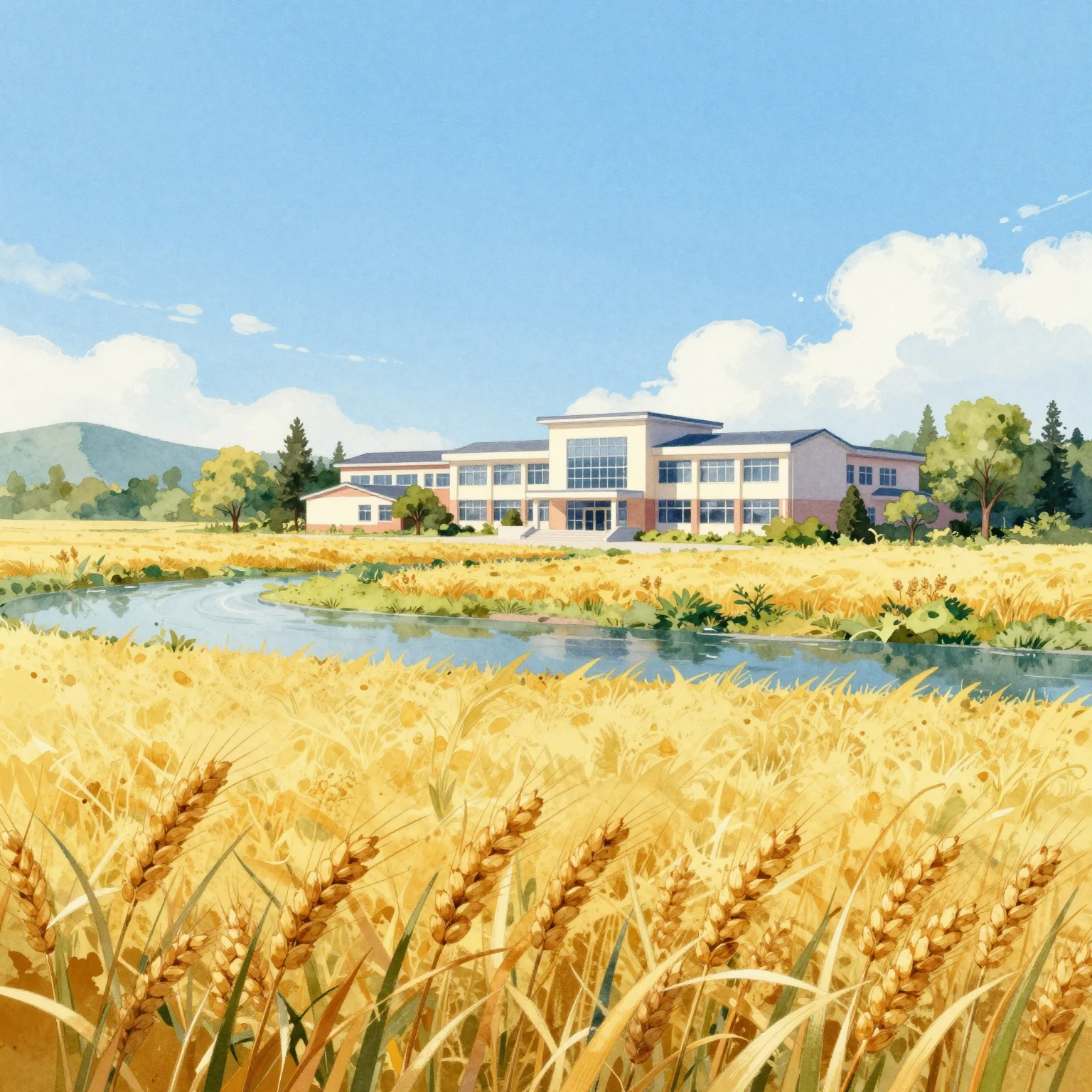A vibrant watercolor illustration of a rural landscape with ...