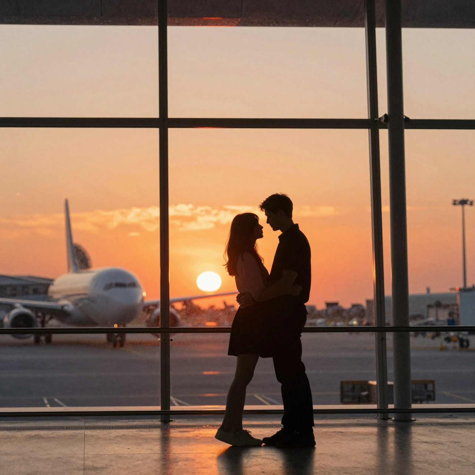 A watercolor silhouette of a man and a woman embracing at an...