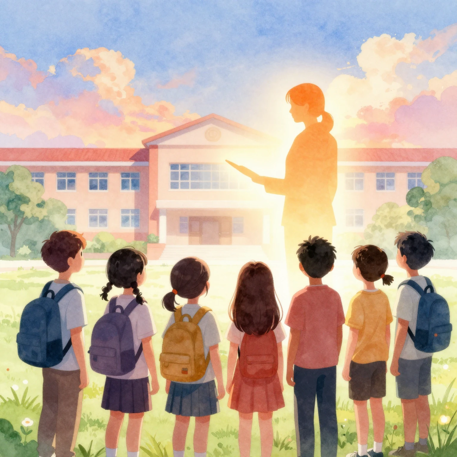 Vibrant watercolor illustration. A group of young, diverse s...