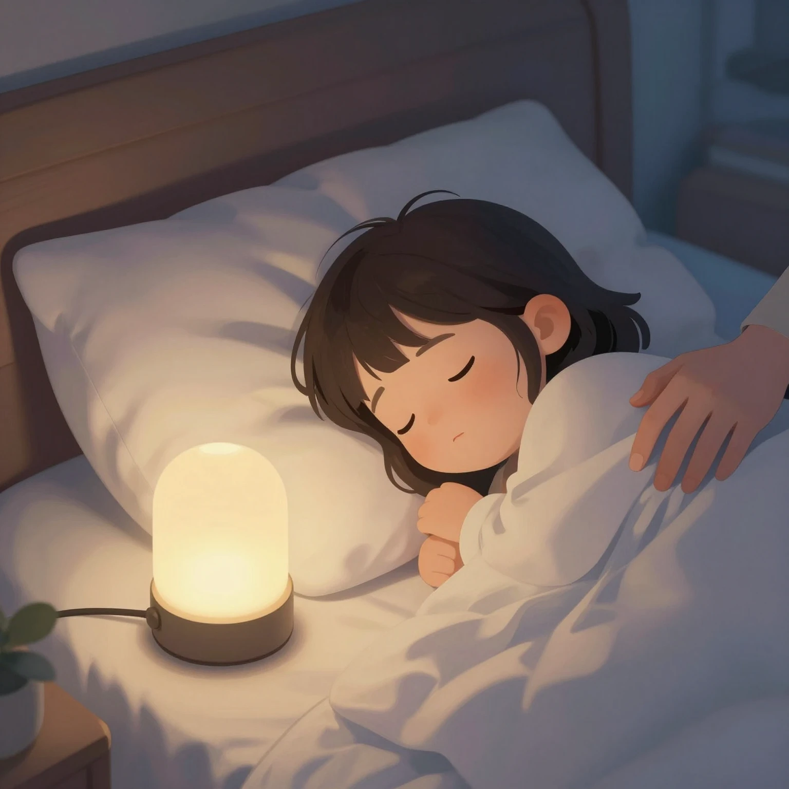 A cozy illustration of a child tucked into bed, eyes gently ...