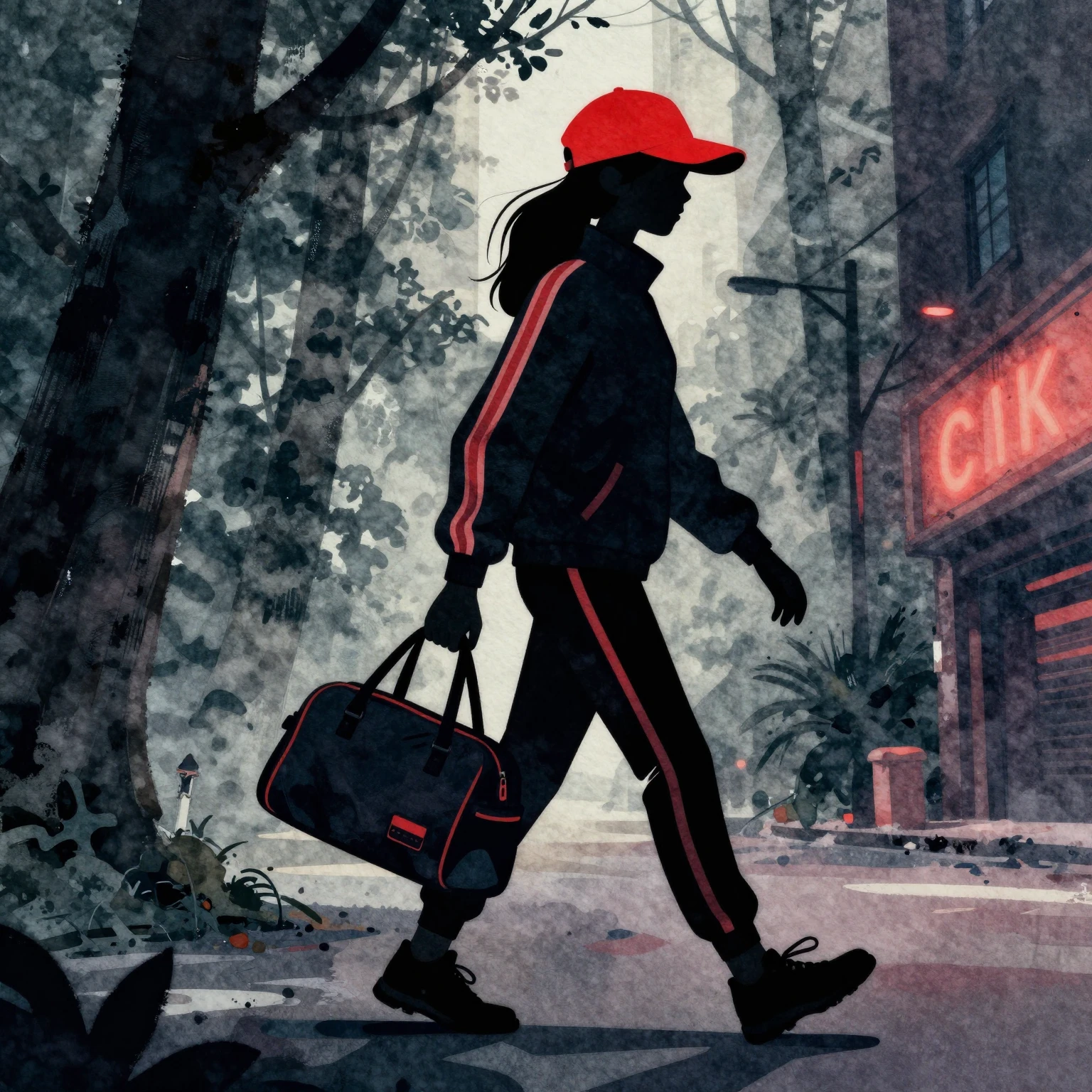 Watercolor style. A silhouette of a girl in a red cap and a ...