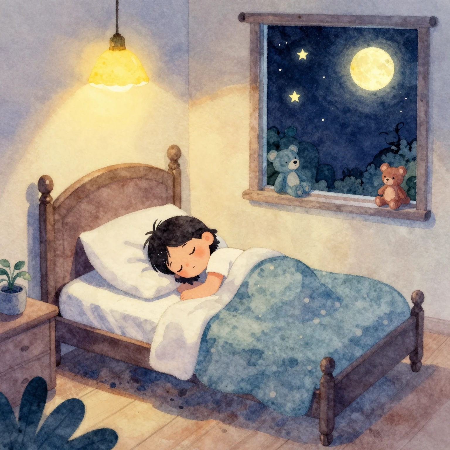 Vibrant watercolor illustration of a cozy bedroom at night, ...
