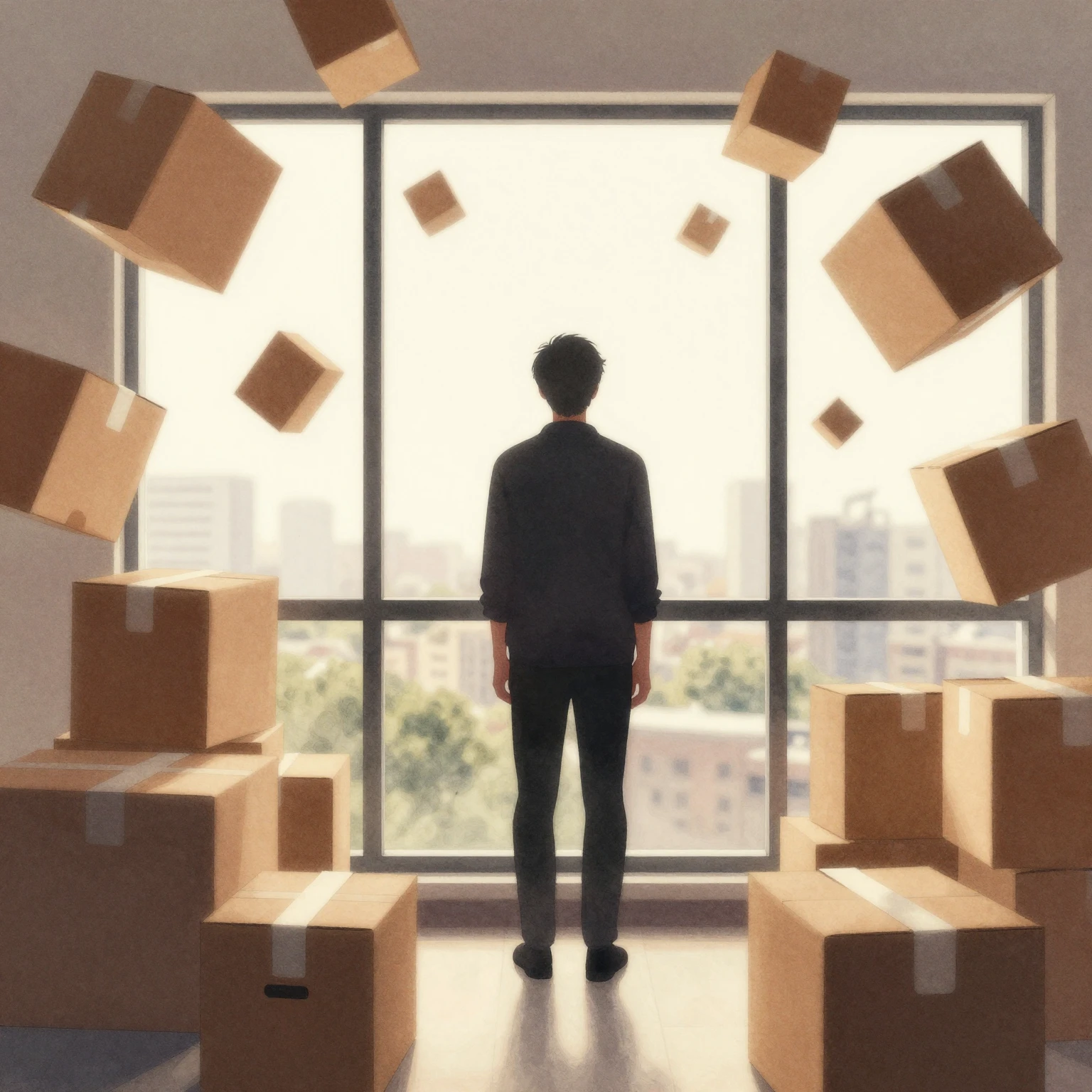 Watercolor style silhouette of a person standing by a window...