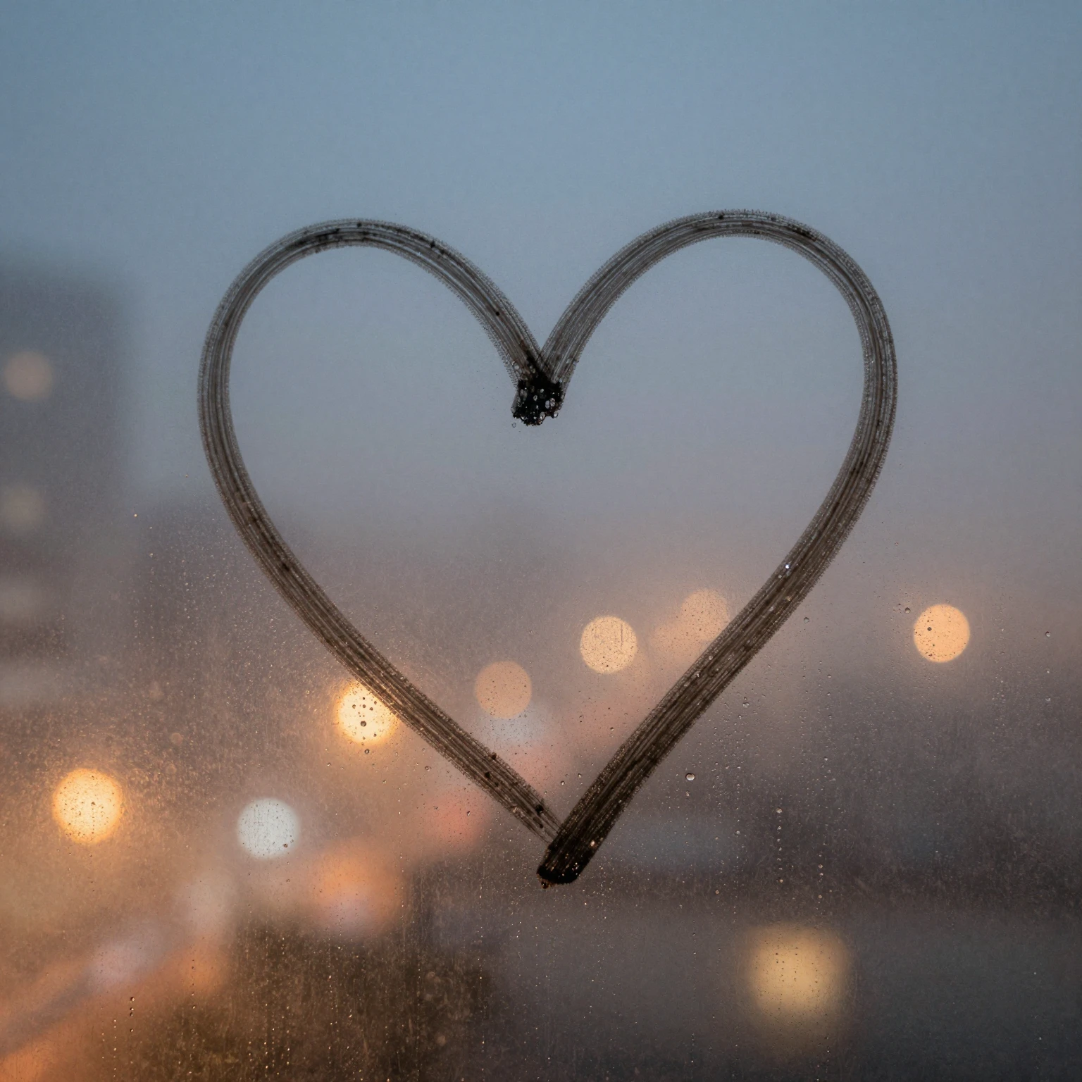 A stylized heart drawn on a foggy window, with visible raind...