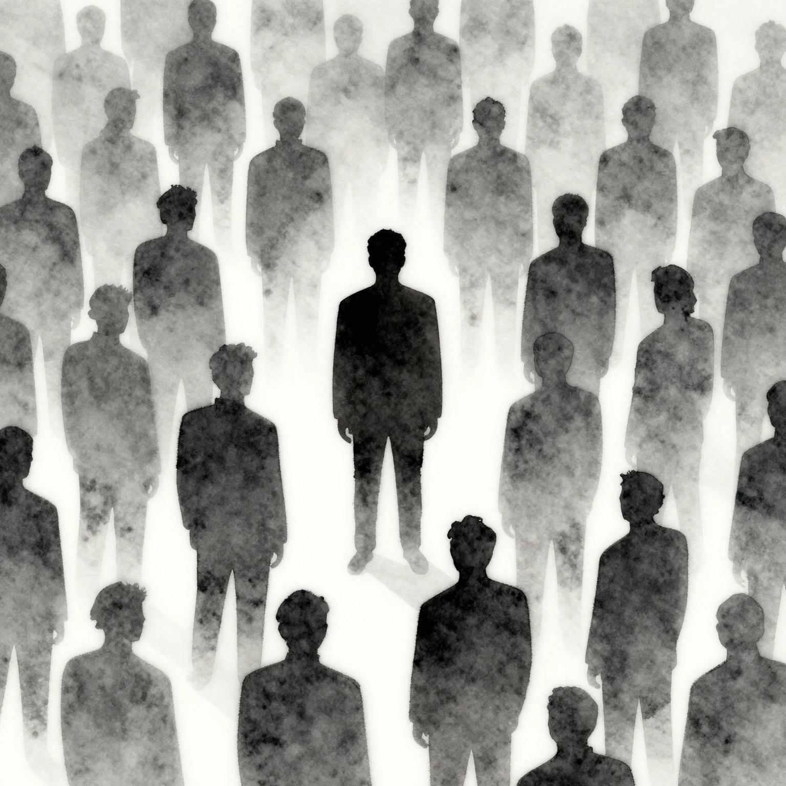 Watercolor digital art depicting a single dark silhouette br...