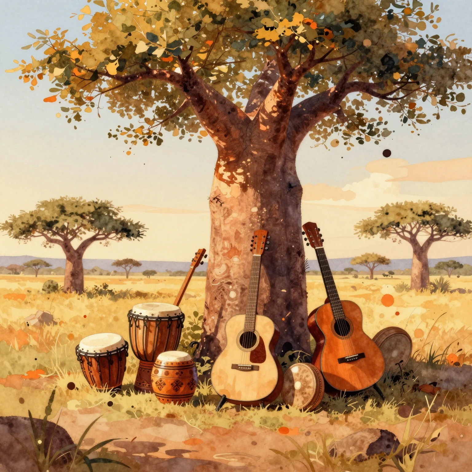 A vibrant watercolor painting of a sun-drenched savanna at g...