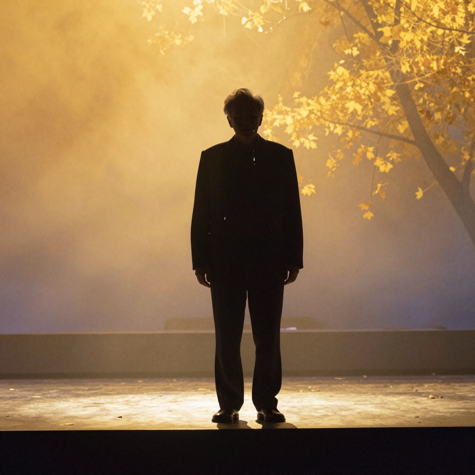 A lone silhouette of an old actor on a stage, bathed in gold...