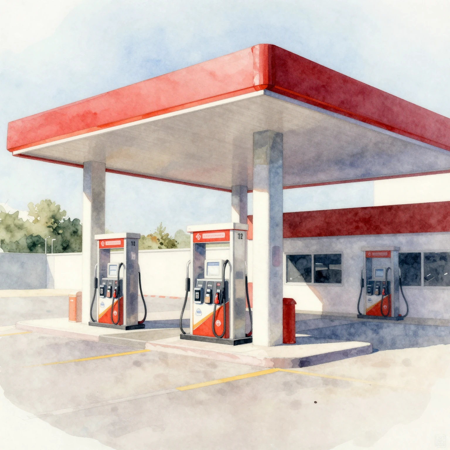 Watercolor painting of a modern gas station, sleek design, a...