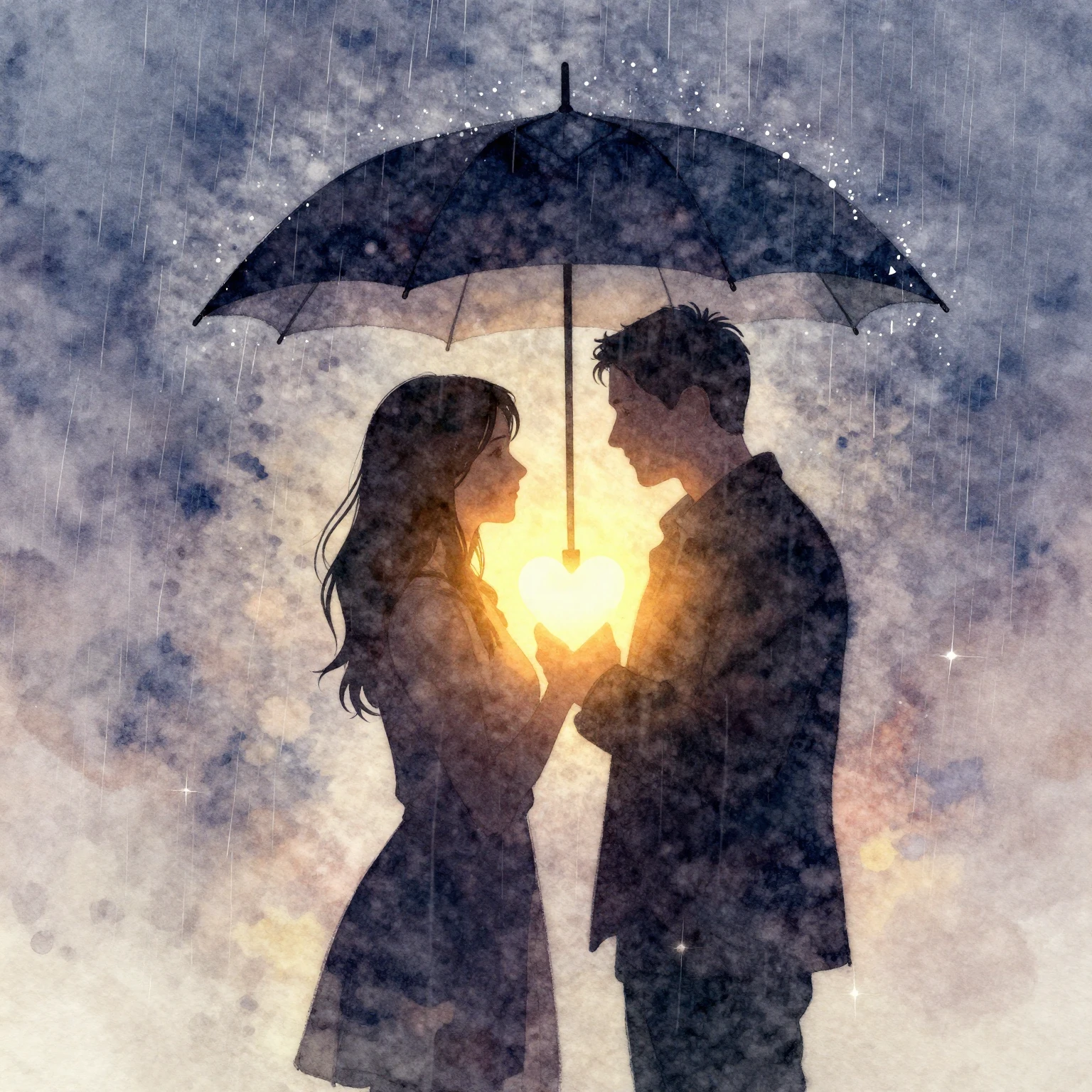 A vibrant watercolor painting of a silhouette of a couple un...