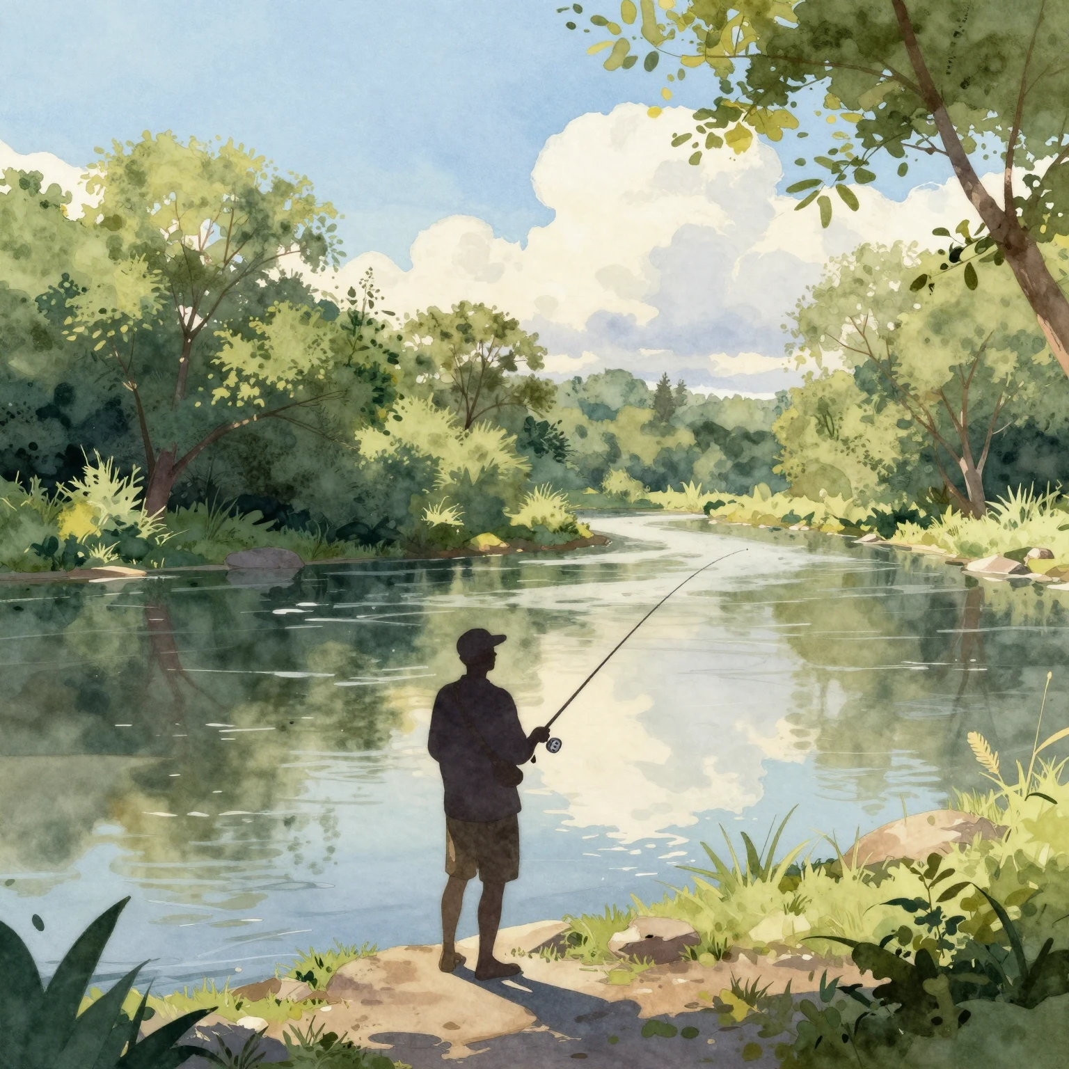 A fisherman's silhouette standing by a calm river in a vibra...