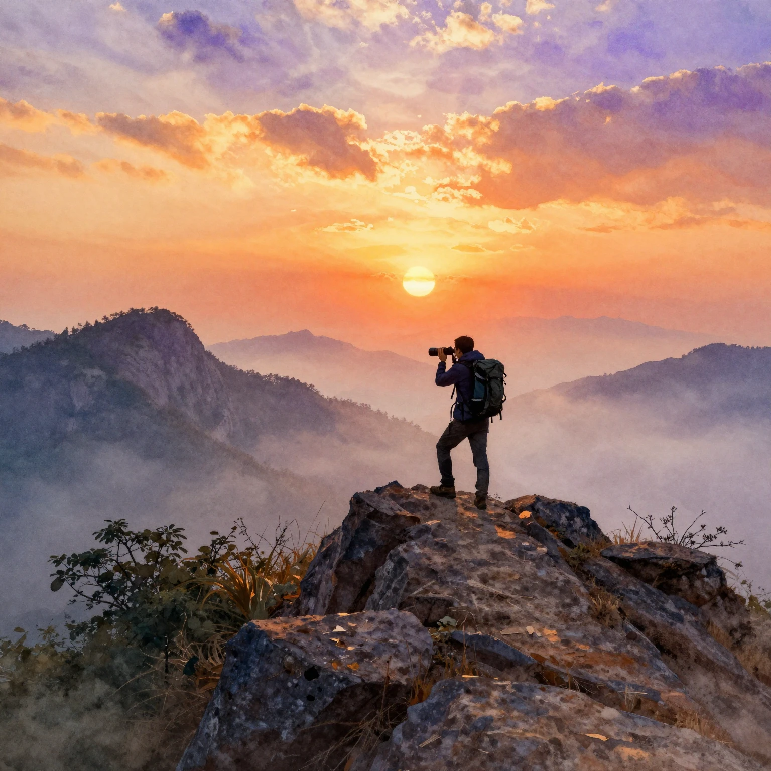 Watercolor style golden hour scene, silhouette of a hiker wi...