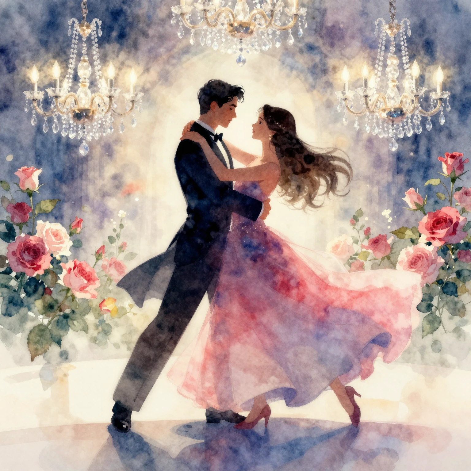Vibrant watercolor style. Elegant couple dancing a waltz, sw...