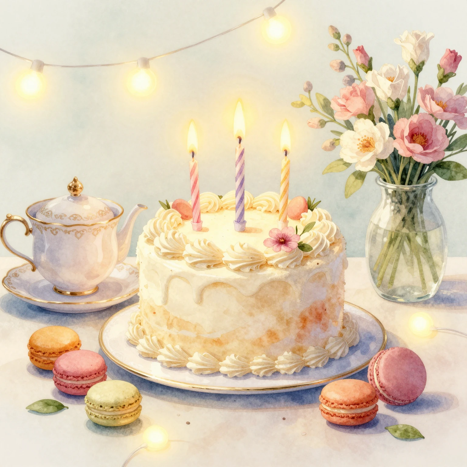 Watercolor artistic illustration of a birthday cake with lit...