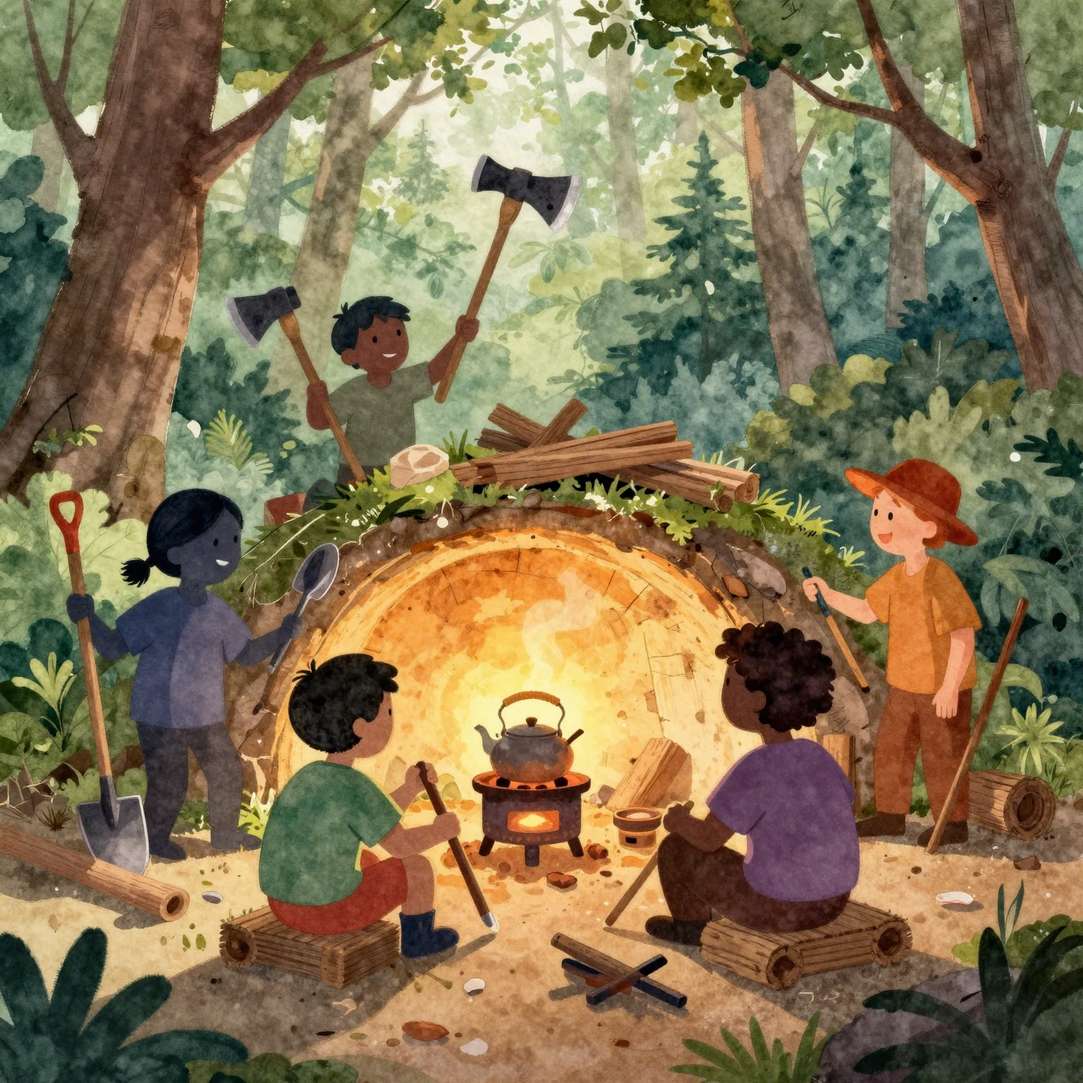 Vibrant watercolor illustration of cheerful silhouettes buil...