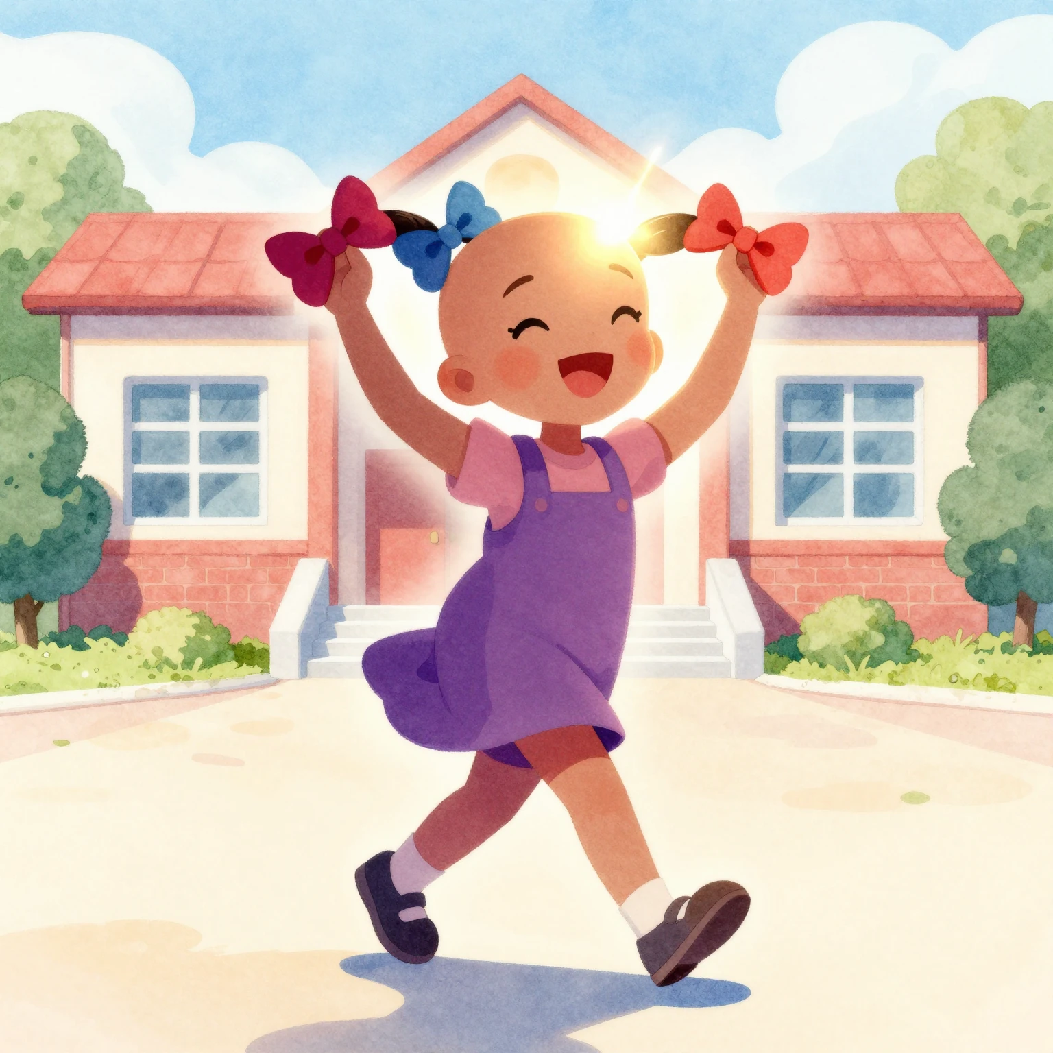 Vibrant watercolor illustration of a cheerful bald girl silh...