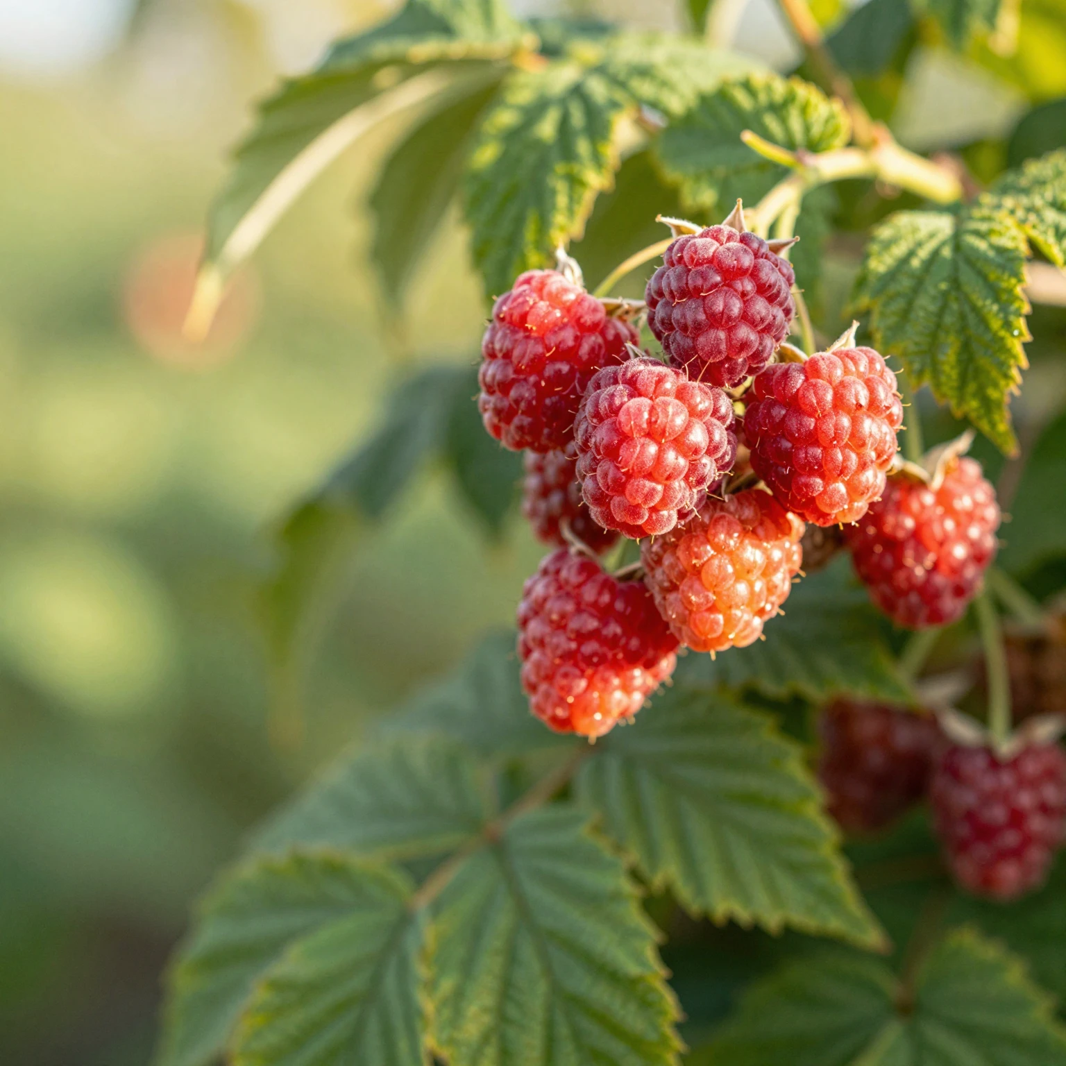 A close-up of ripe red raspberries glowing under green leave...