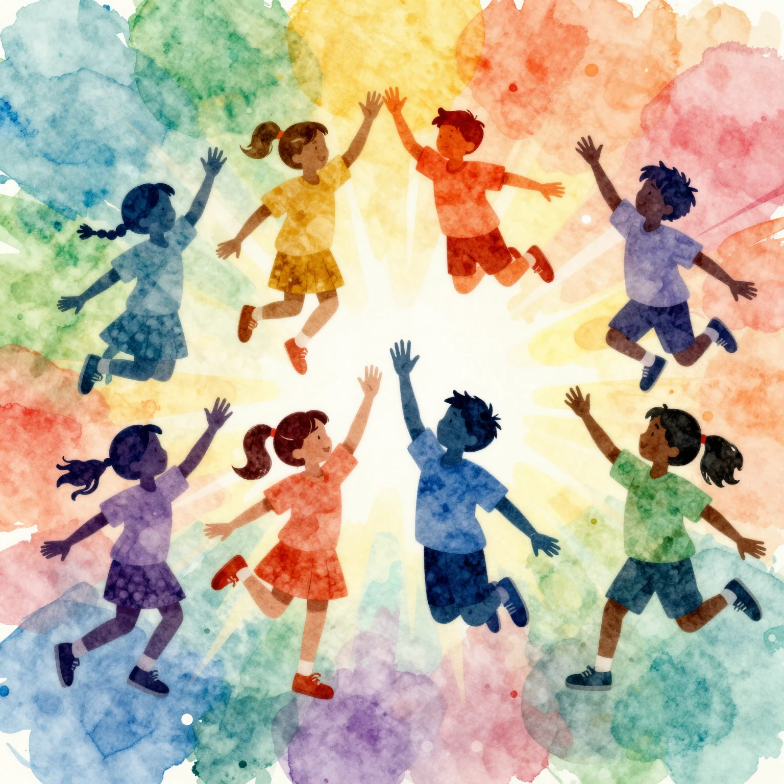 Vibrant watercolor style. A group of diverse, stylized silho...