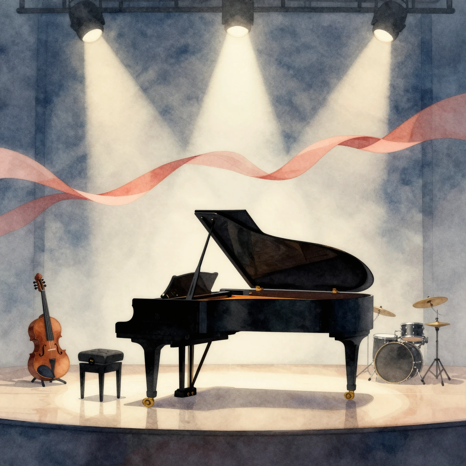 Watercolor style. A silhouette of a grand piano and musical ...