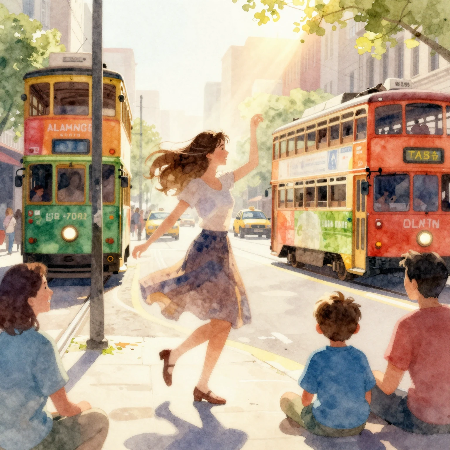 A vibrant watercolor street scene, a blurred silhouette of a...