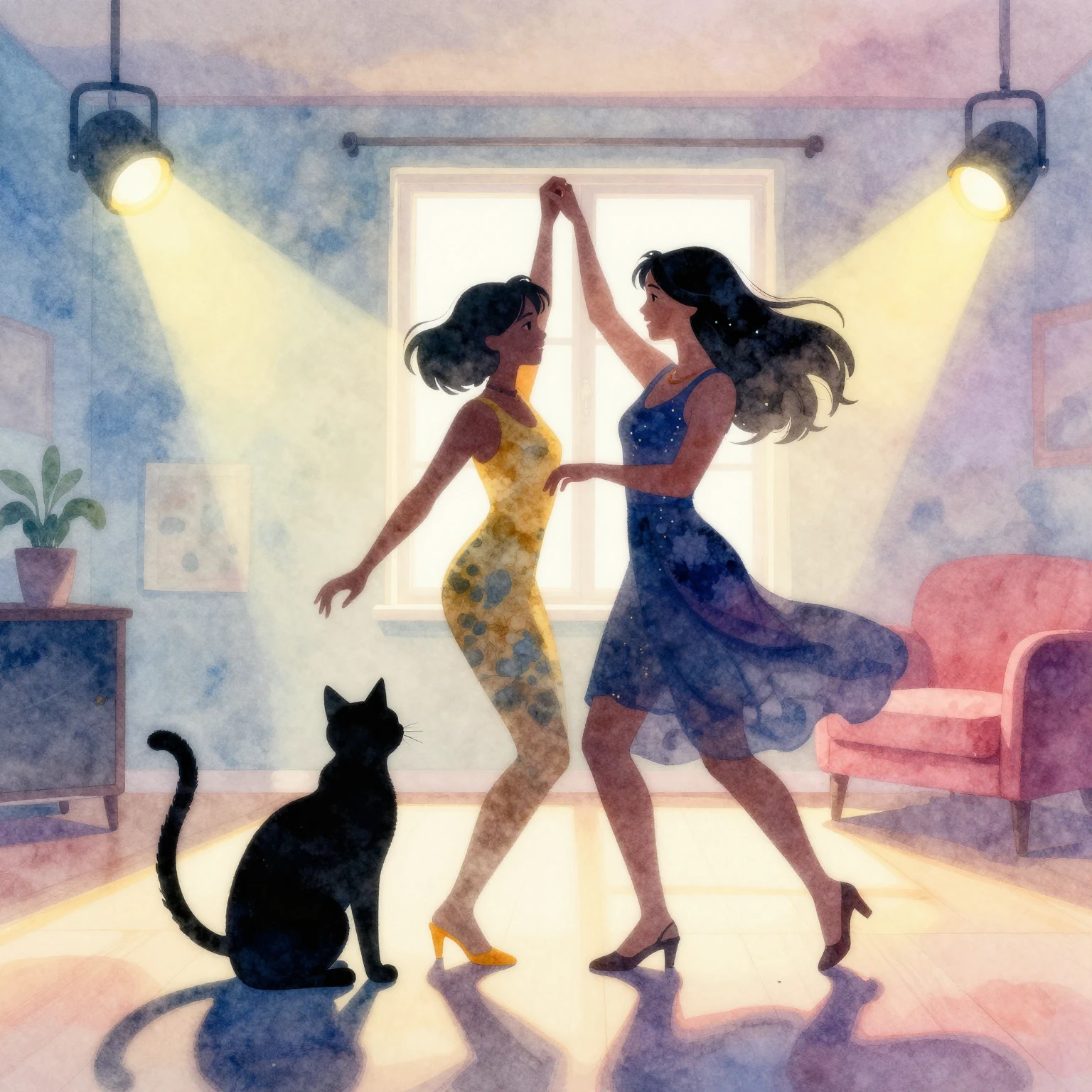 Watercolor style. A silhouette of a cat and a woman dancing ...