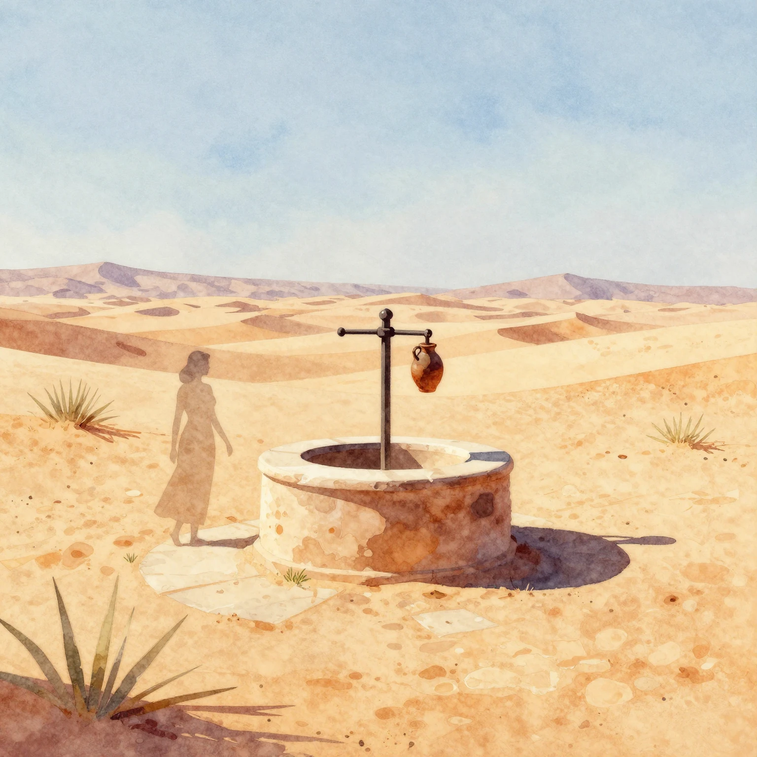 Vibrant watercolor painting of a simple well in a sun-drench...