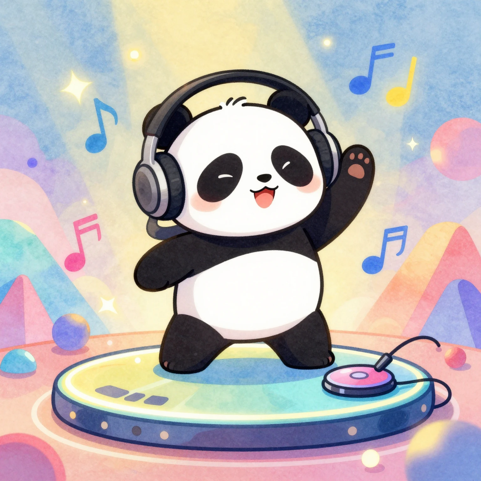 Vibrant watercolor style. A cute cartoon panda DJ with headp...