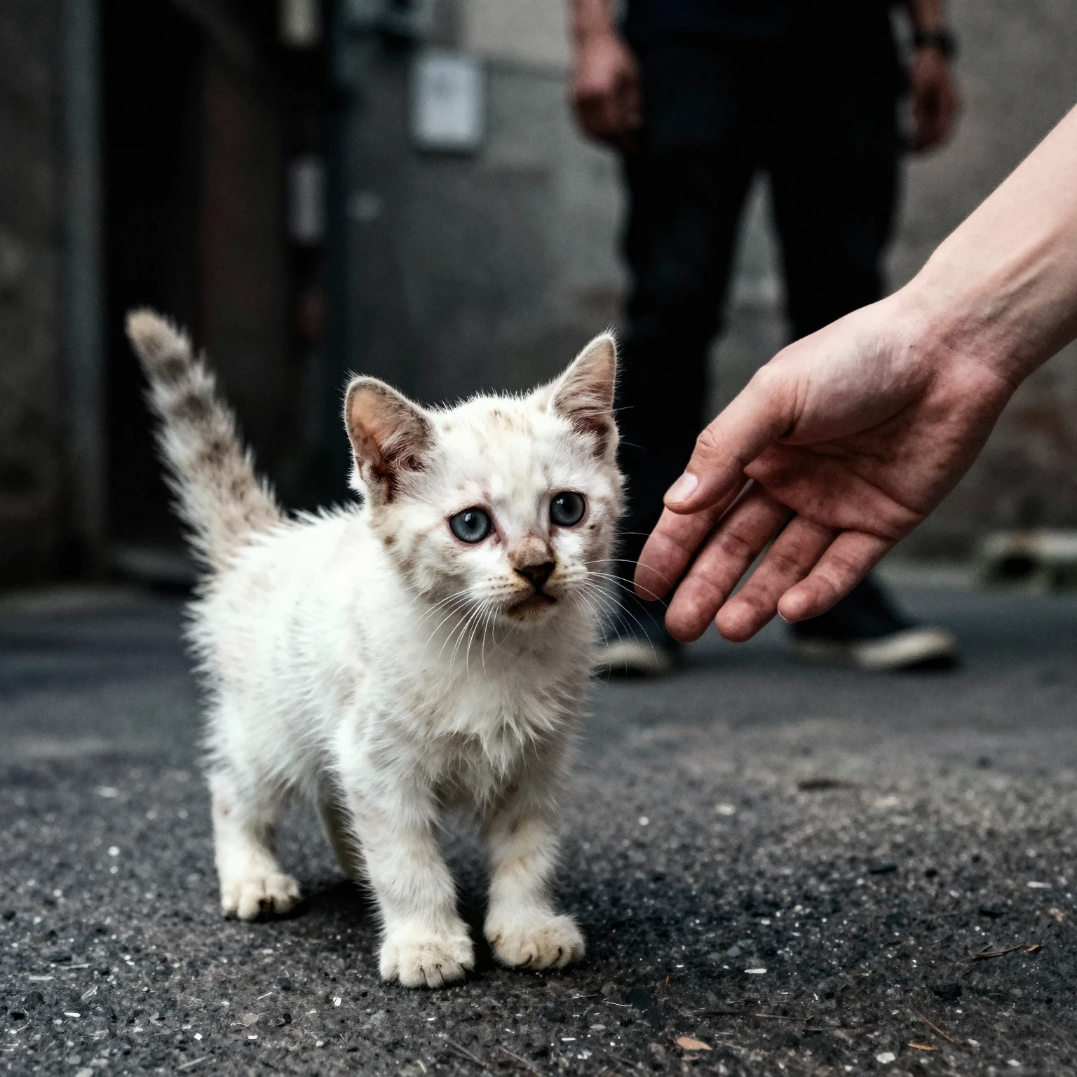 A small, dirty, scared white kitten in a dark alley, a gentl...