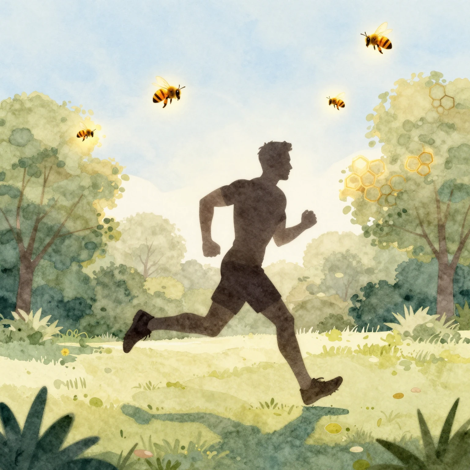 Watercolor style. Silhouette of a strong man running in a su...