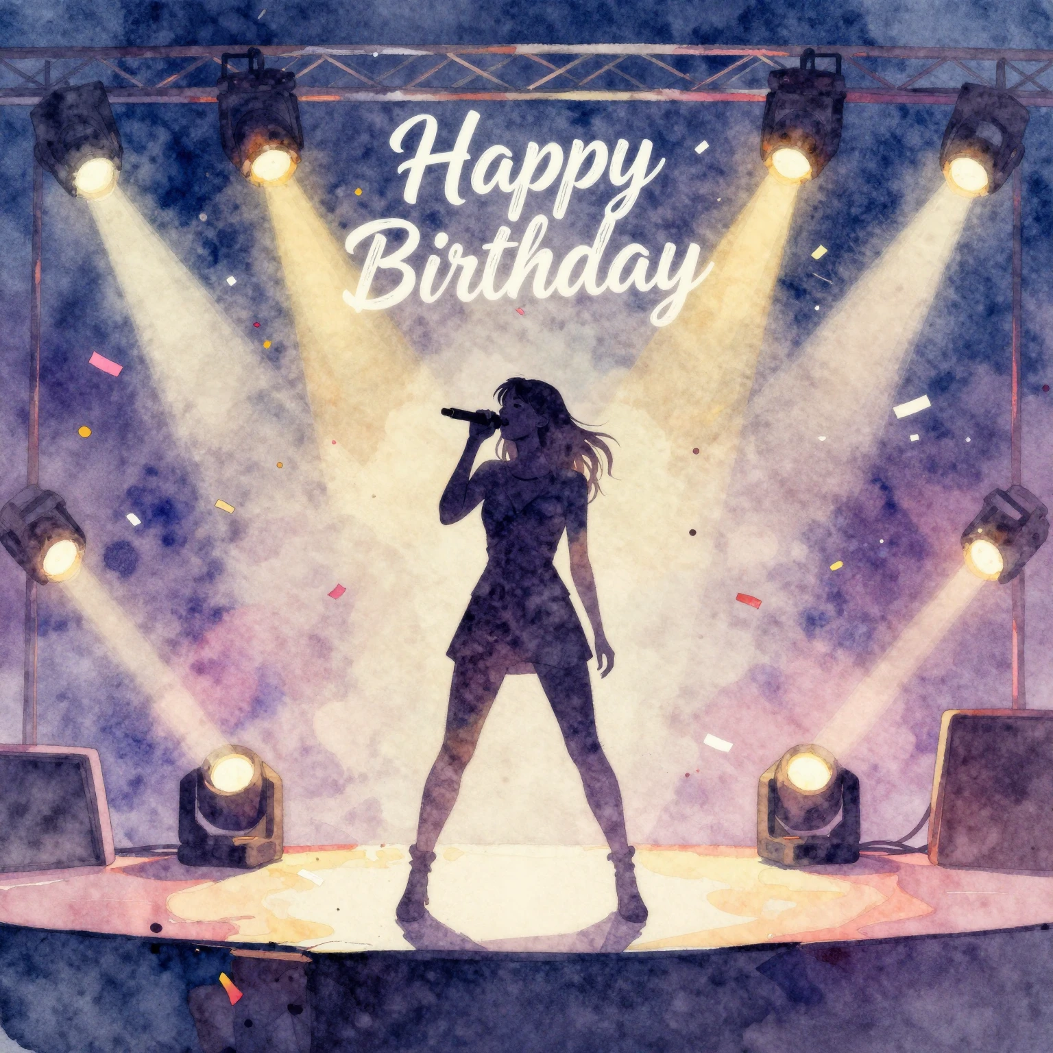 Vibrant watercolor painting of a rock concert stage. A silho...