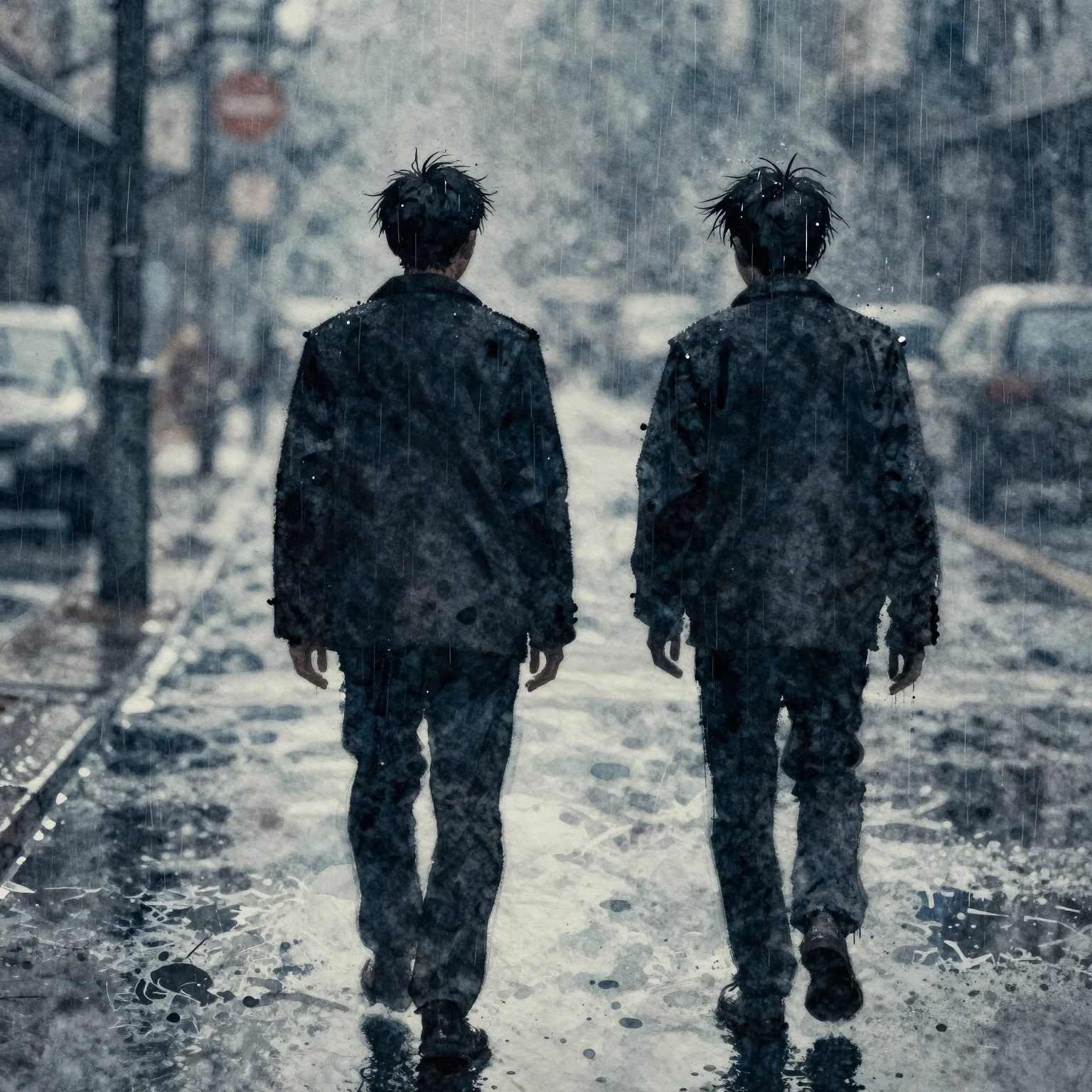 Watercolor painting of two brothers standing in the rain, da...