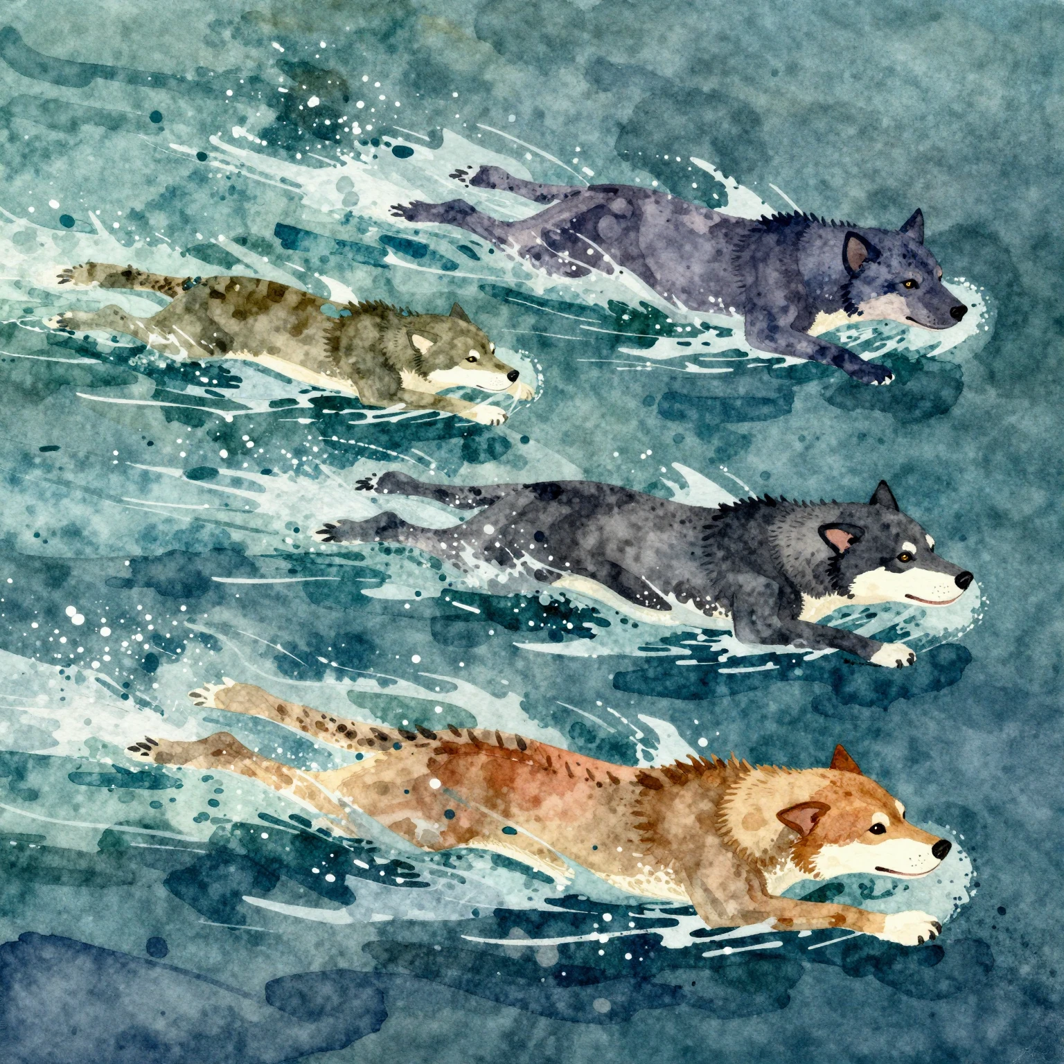 Vibrant watercolor illustration of powerful animals swimming...