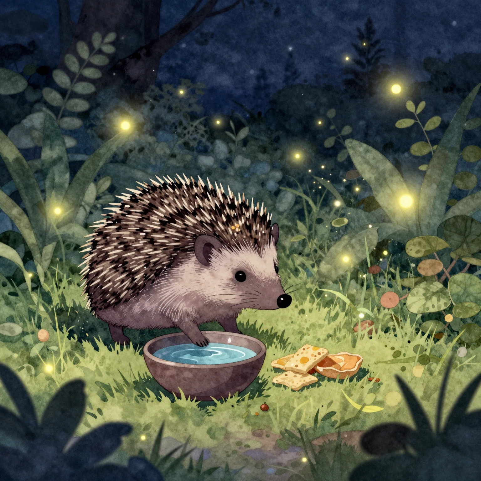Watercolor style. Silhouette of a small hedgehog in a garden...