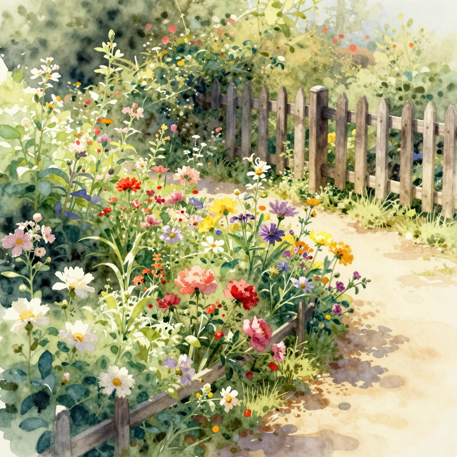 Watercolor painting of a flower garden with blooming beds, a...