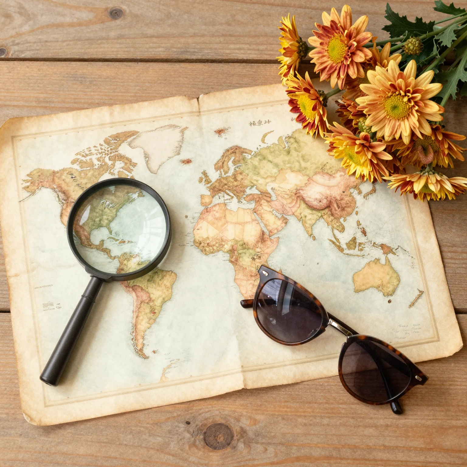 Watercolor style flat lay on wooden table with vintage world...